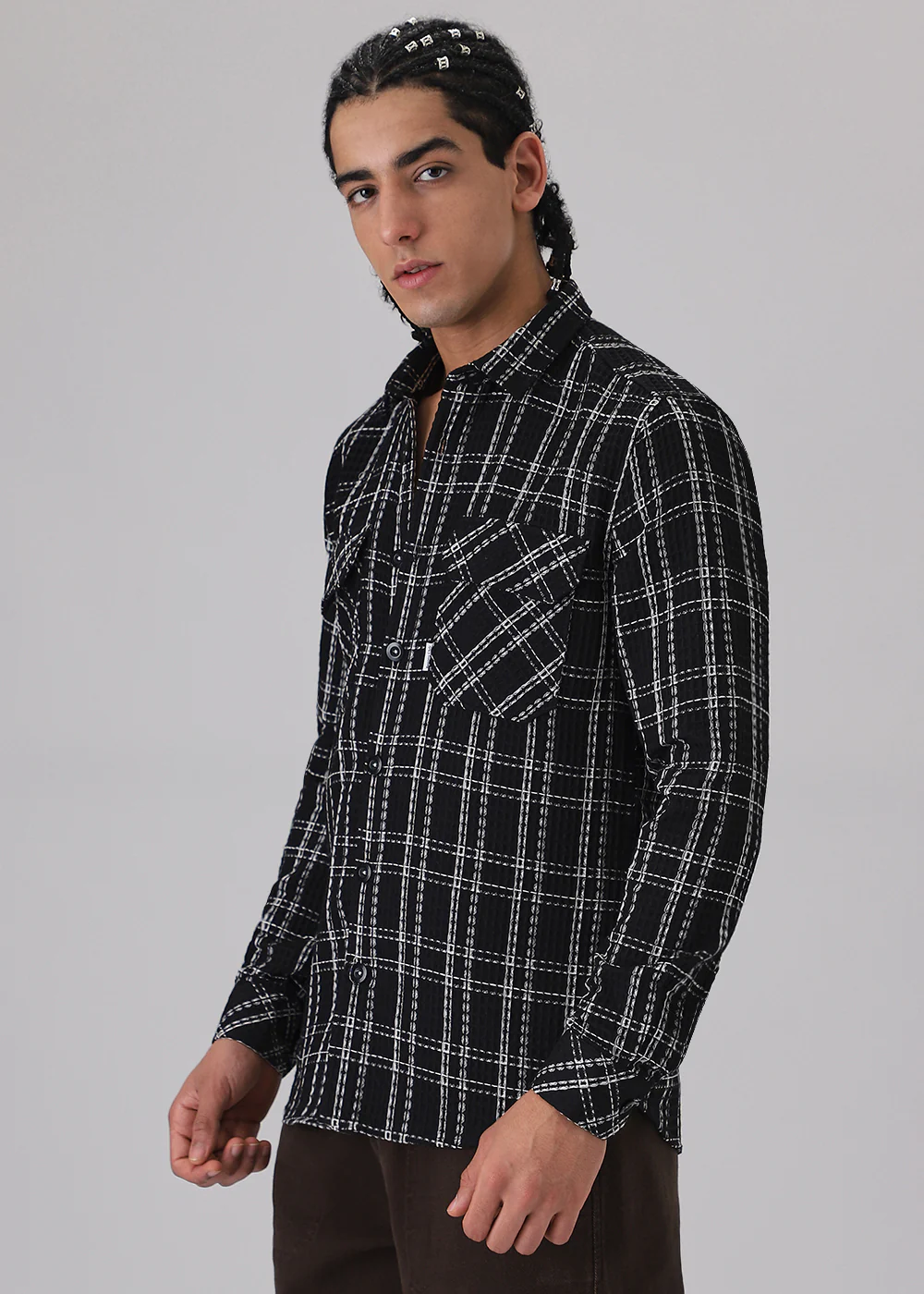 Black Waffle Plaid Check Shirt - Image 6