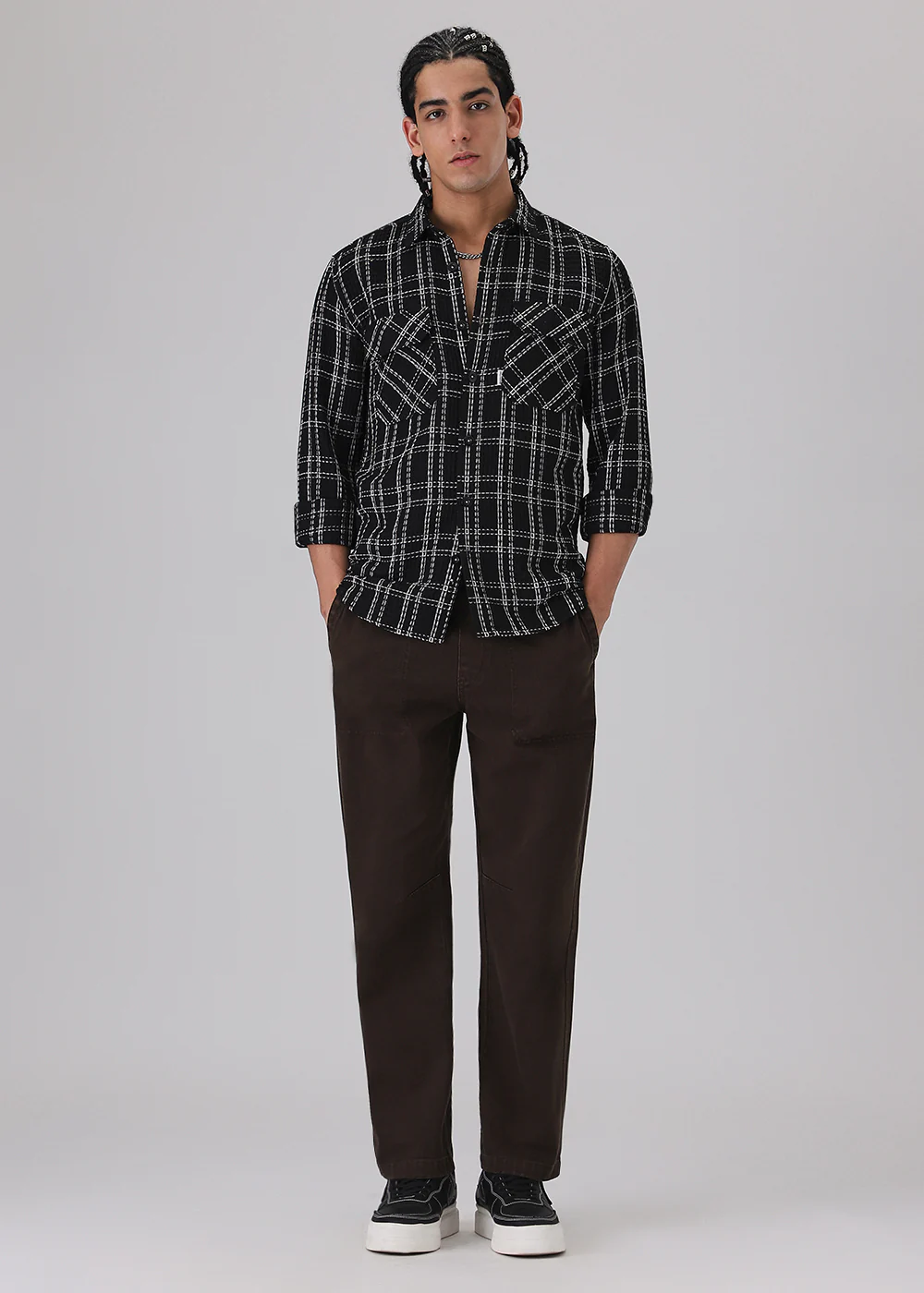 Black Waffle Plaid Check Shirt - Image 7