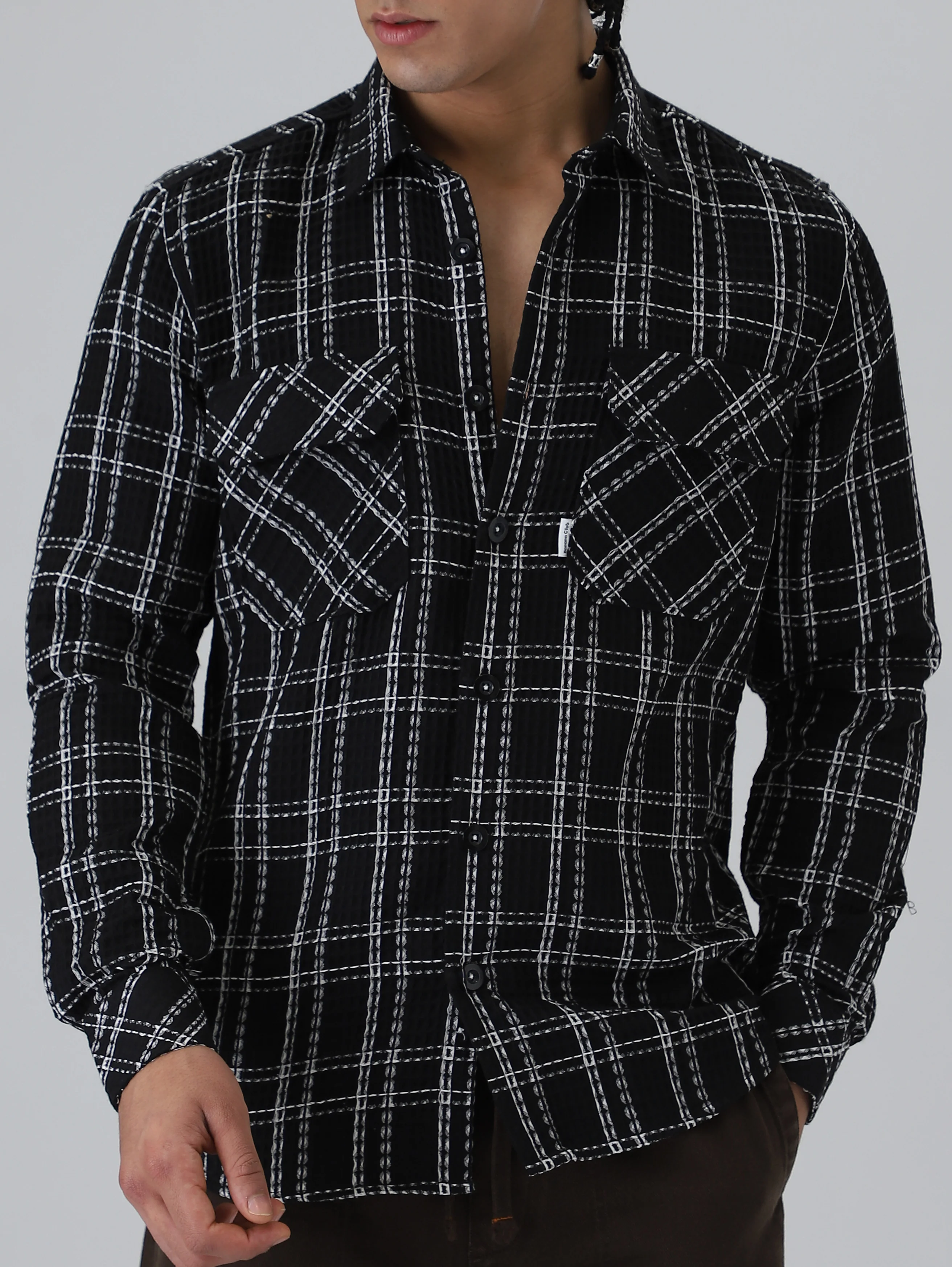 Black Waffle Plaid Check Shirt - Image 8