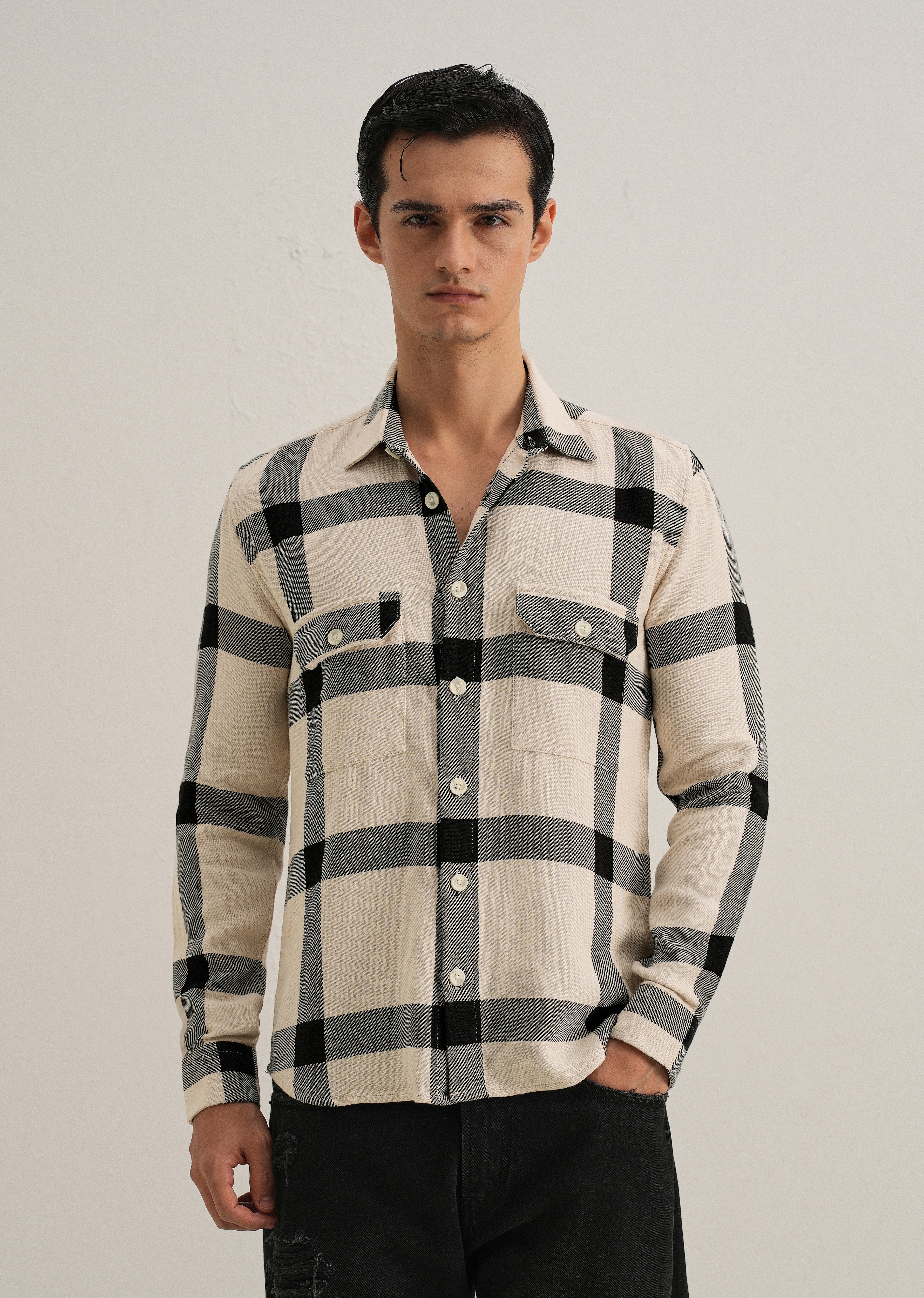 Black & White Brushed Cotton Check Shirt - Image 3