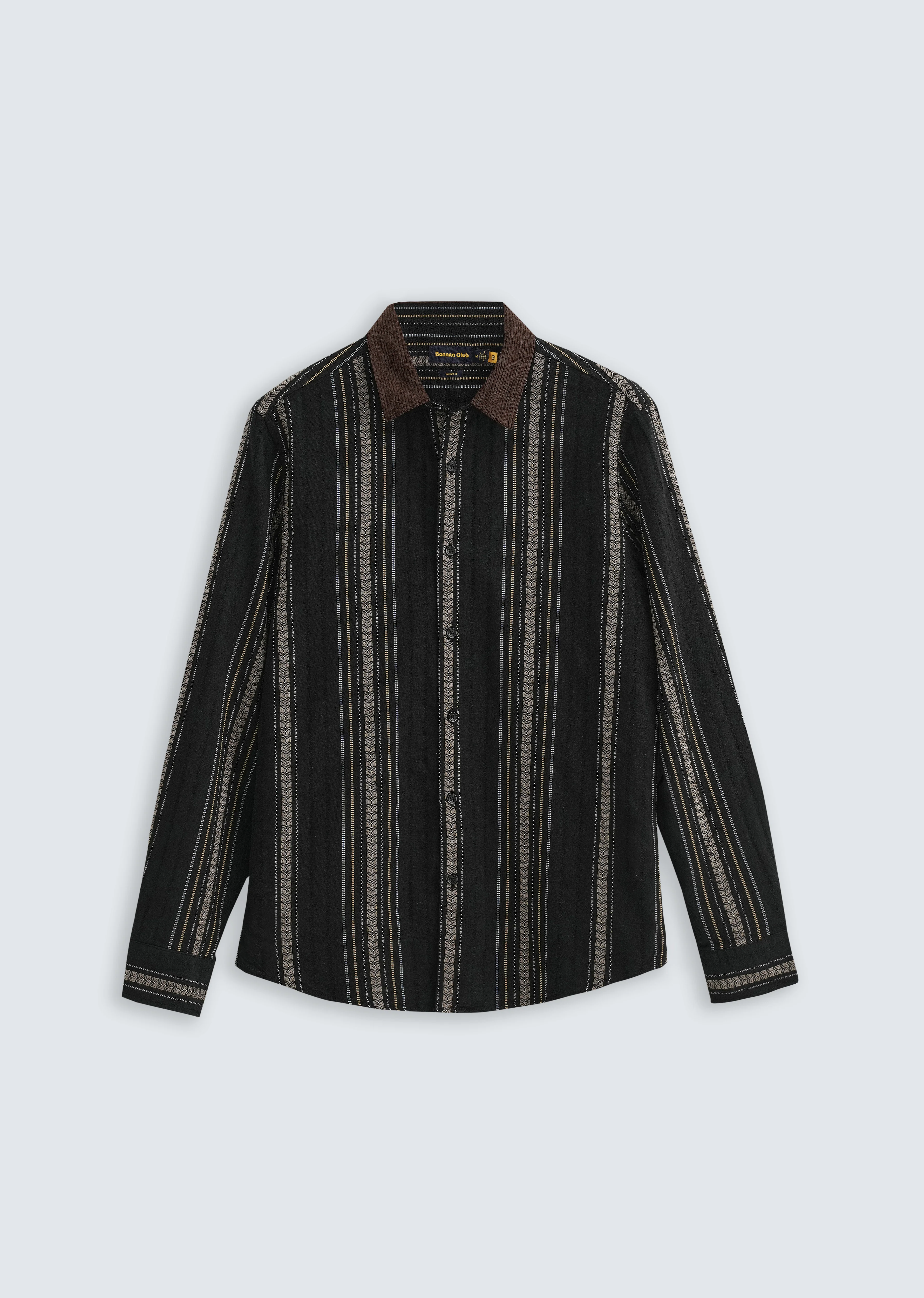 Black Woven Striped Suede Collar Shirt - Image 2