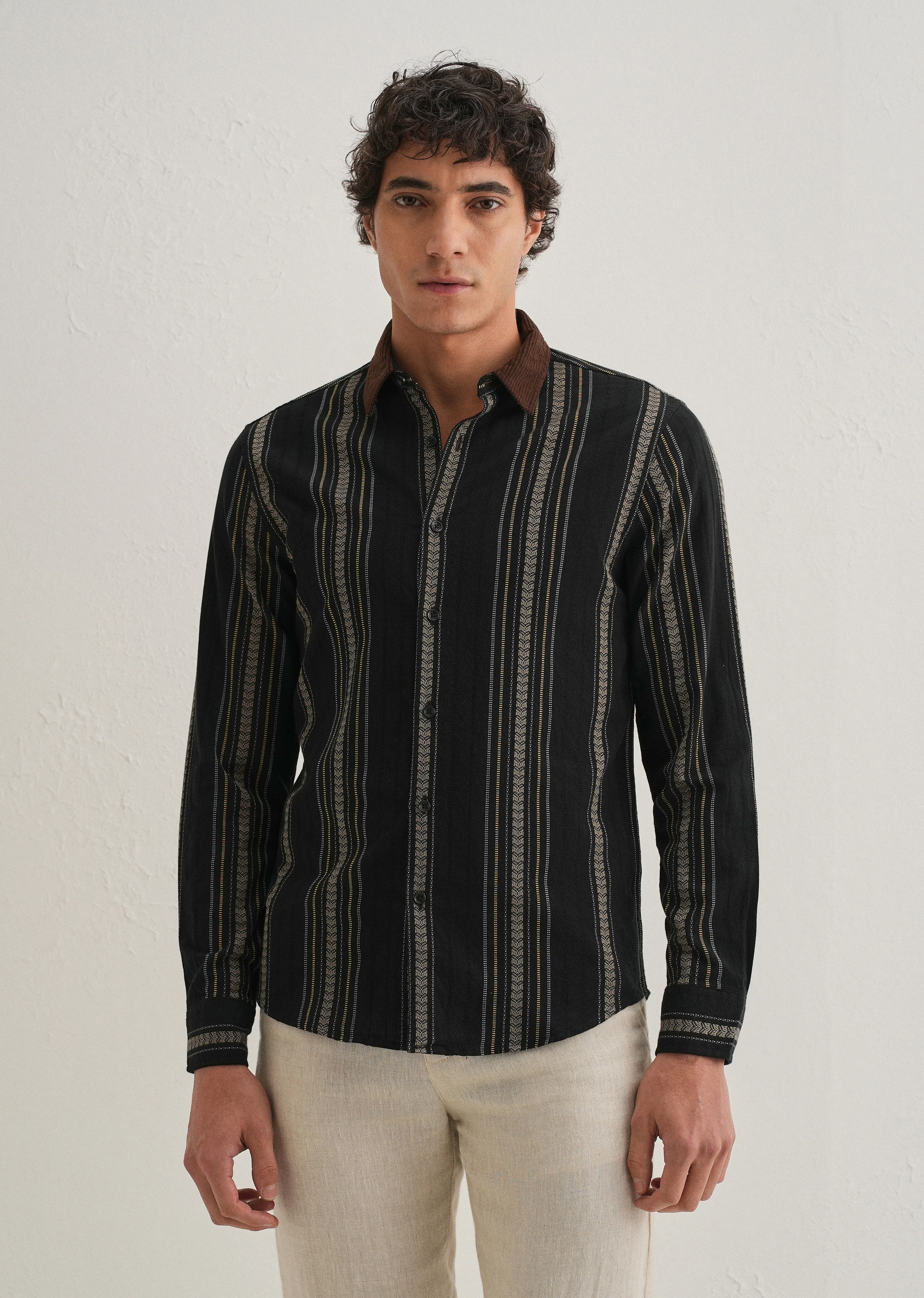Black Woven Striped Suede Collar Shirt - Image 4