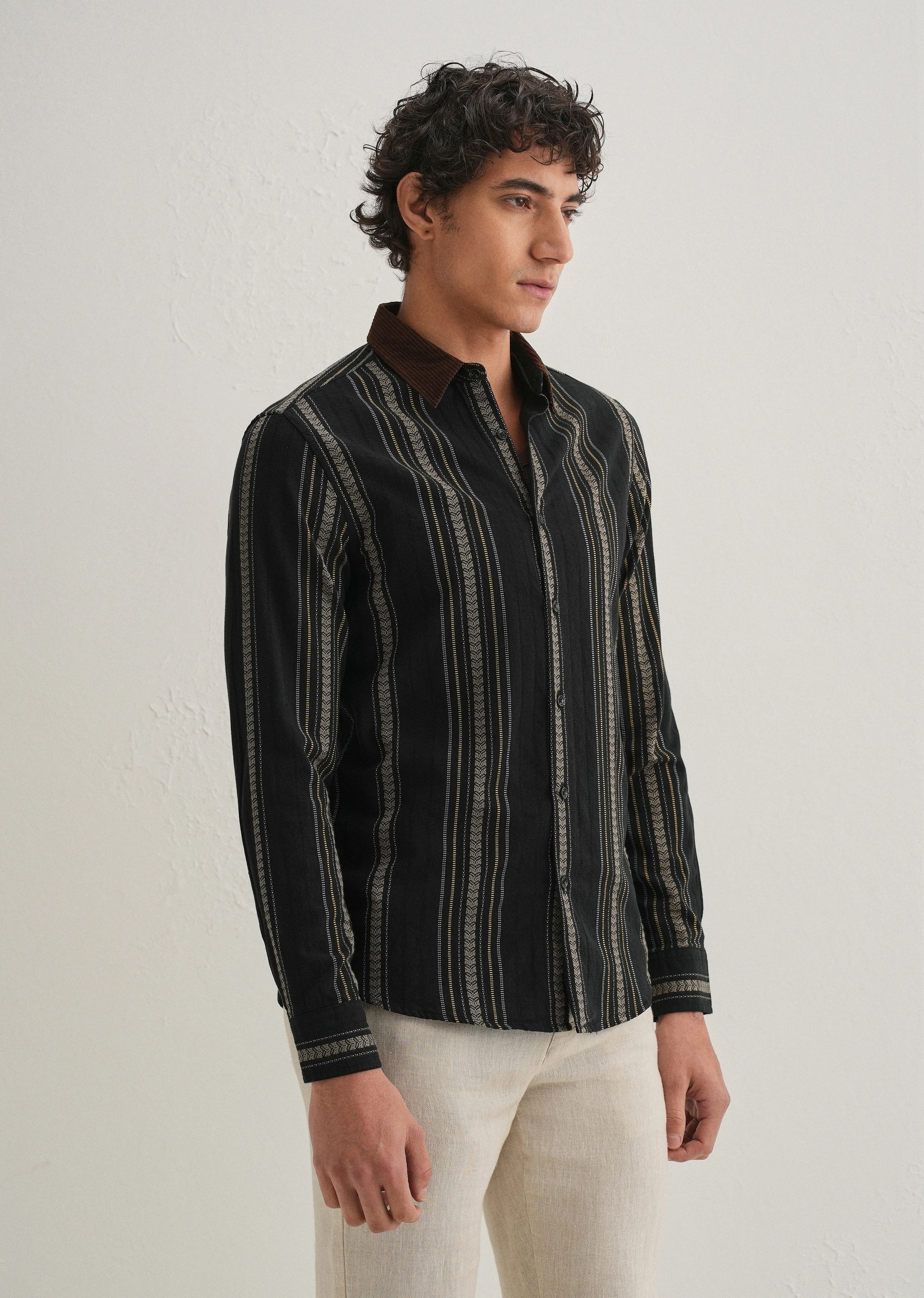 Black Woven Striped Suede Collar Shirt - Image 5