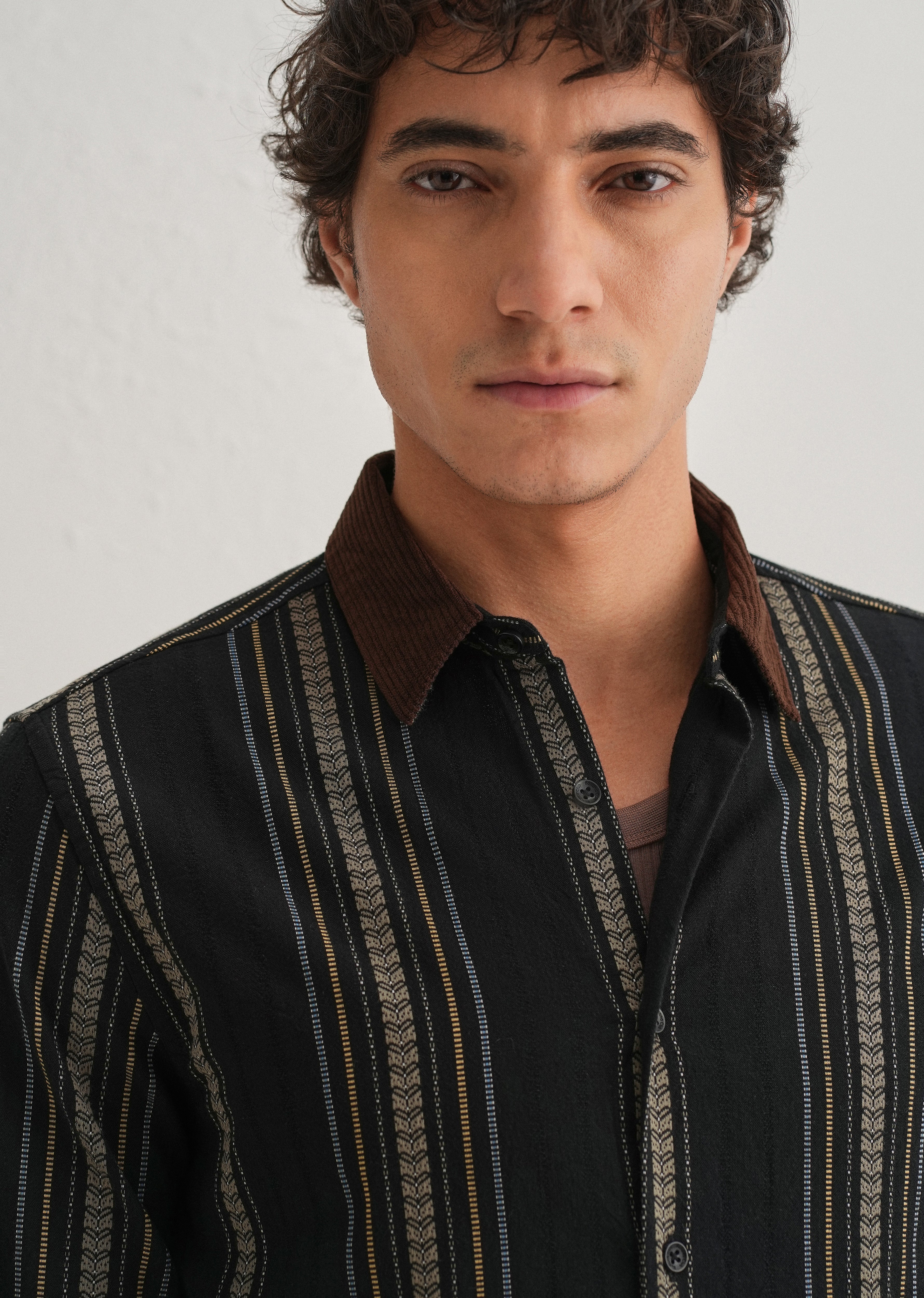 Black Woven Striped Suede Collar Shirt - Image 6