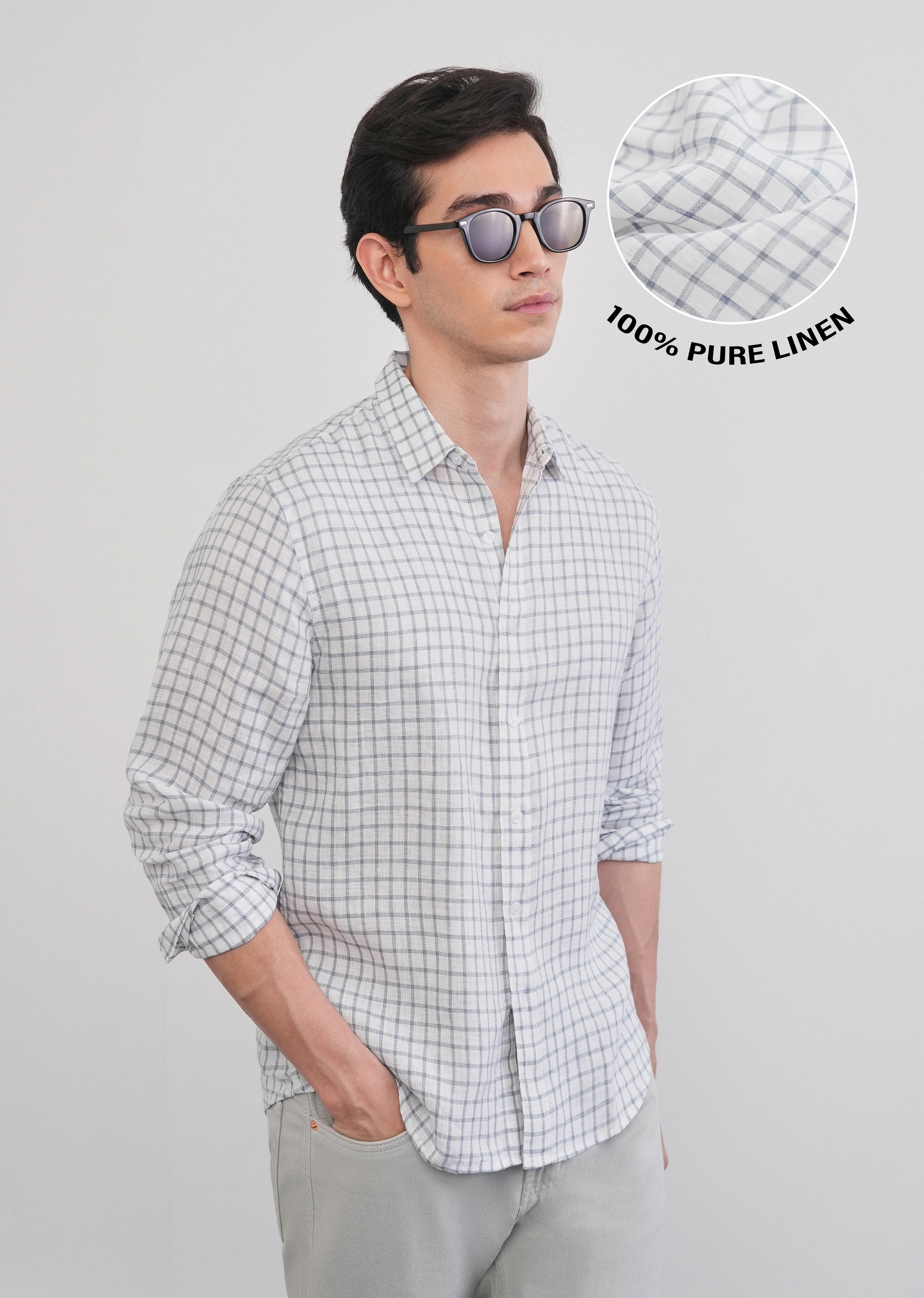 Blue 100% Pure Linen Check Shirt - Image 11