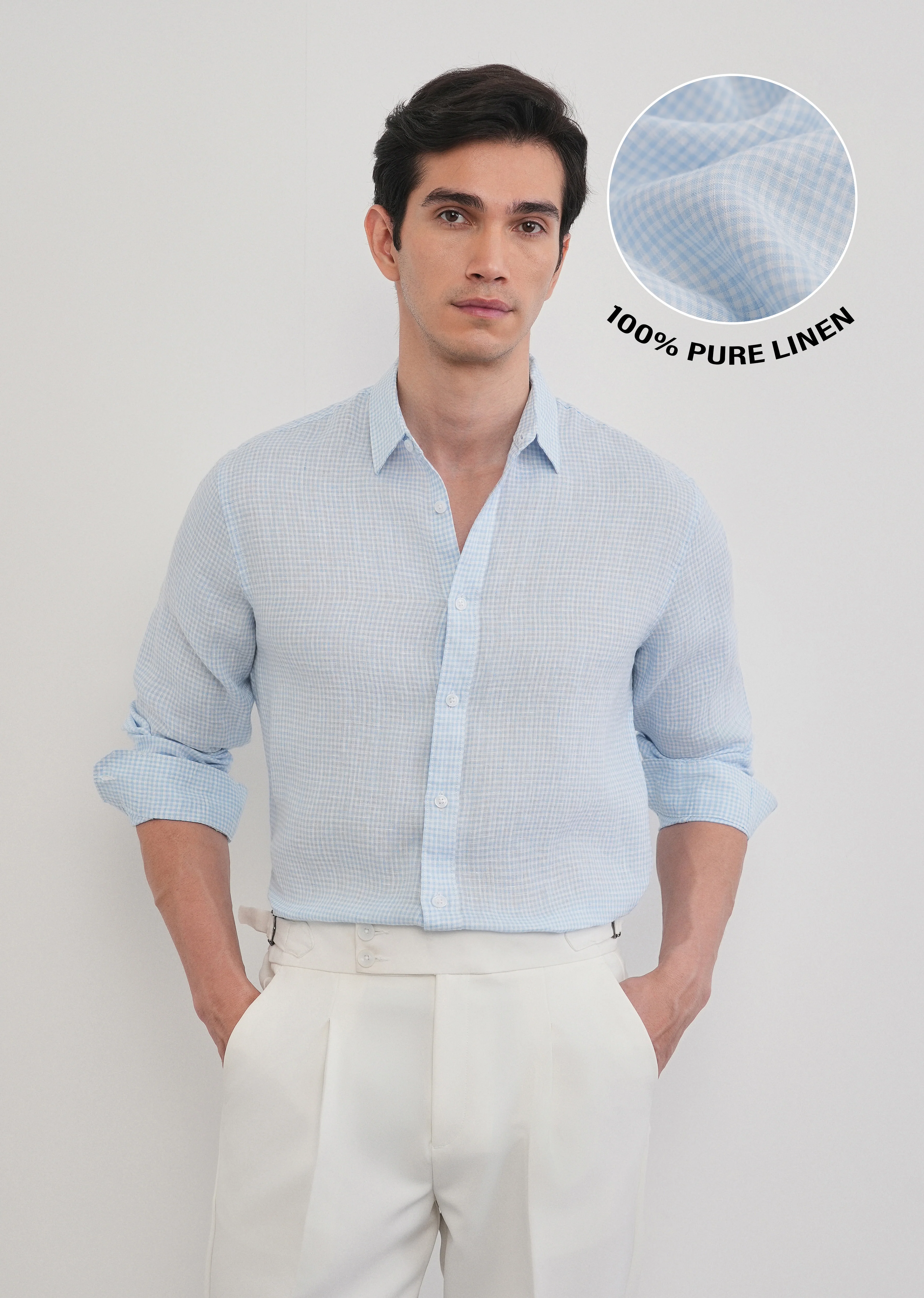 Blue 100% Pure Linen Gingham Check Shirt - Image 11