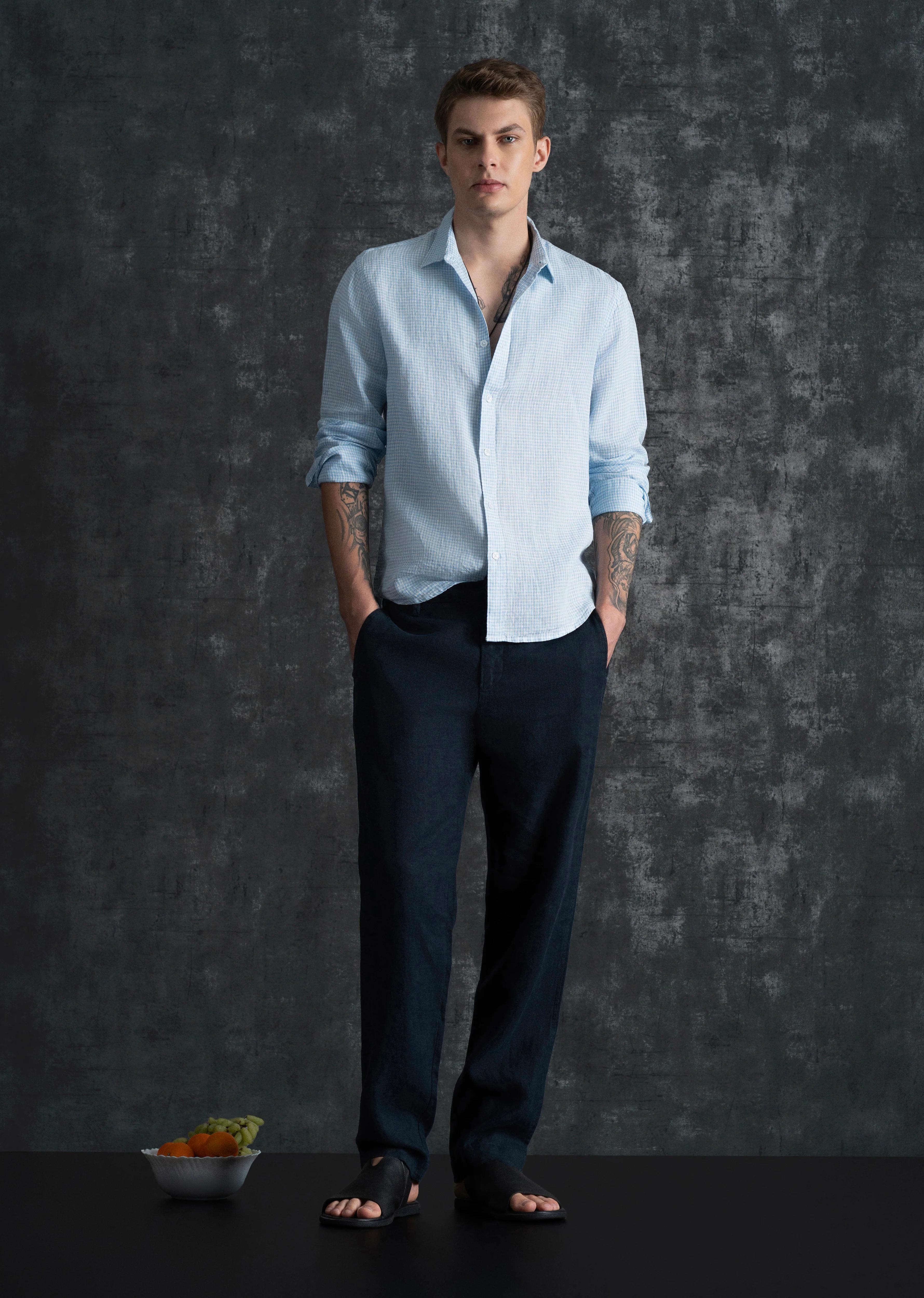 Blue 100% Pure Linen Gingham Check Shirt - Image 7