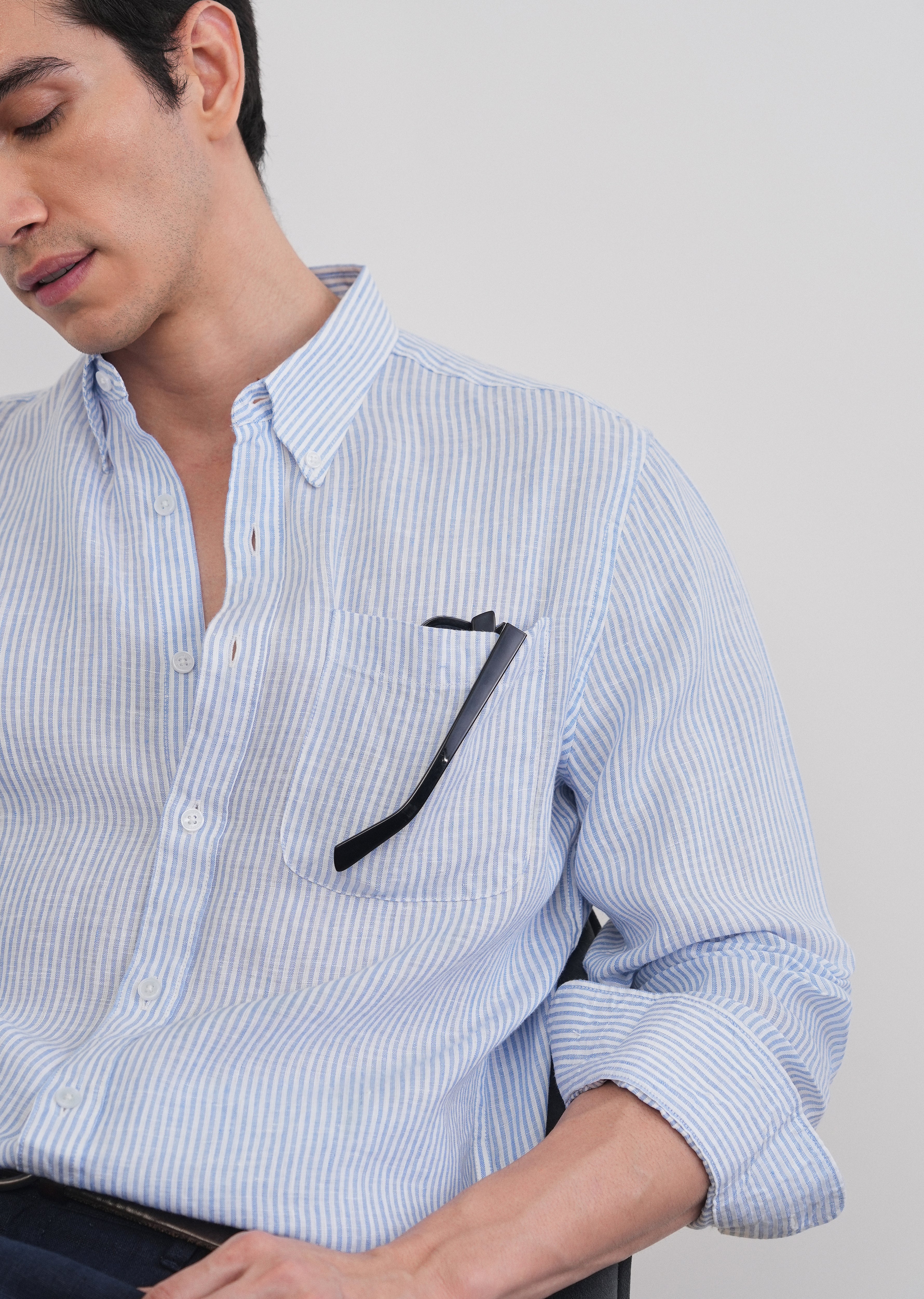 Blue 100% Pure Linen Stripe Shirt - Image 10