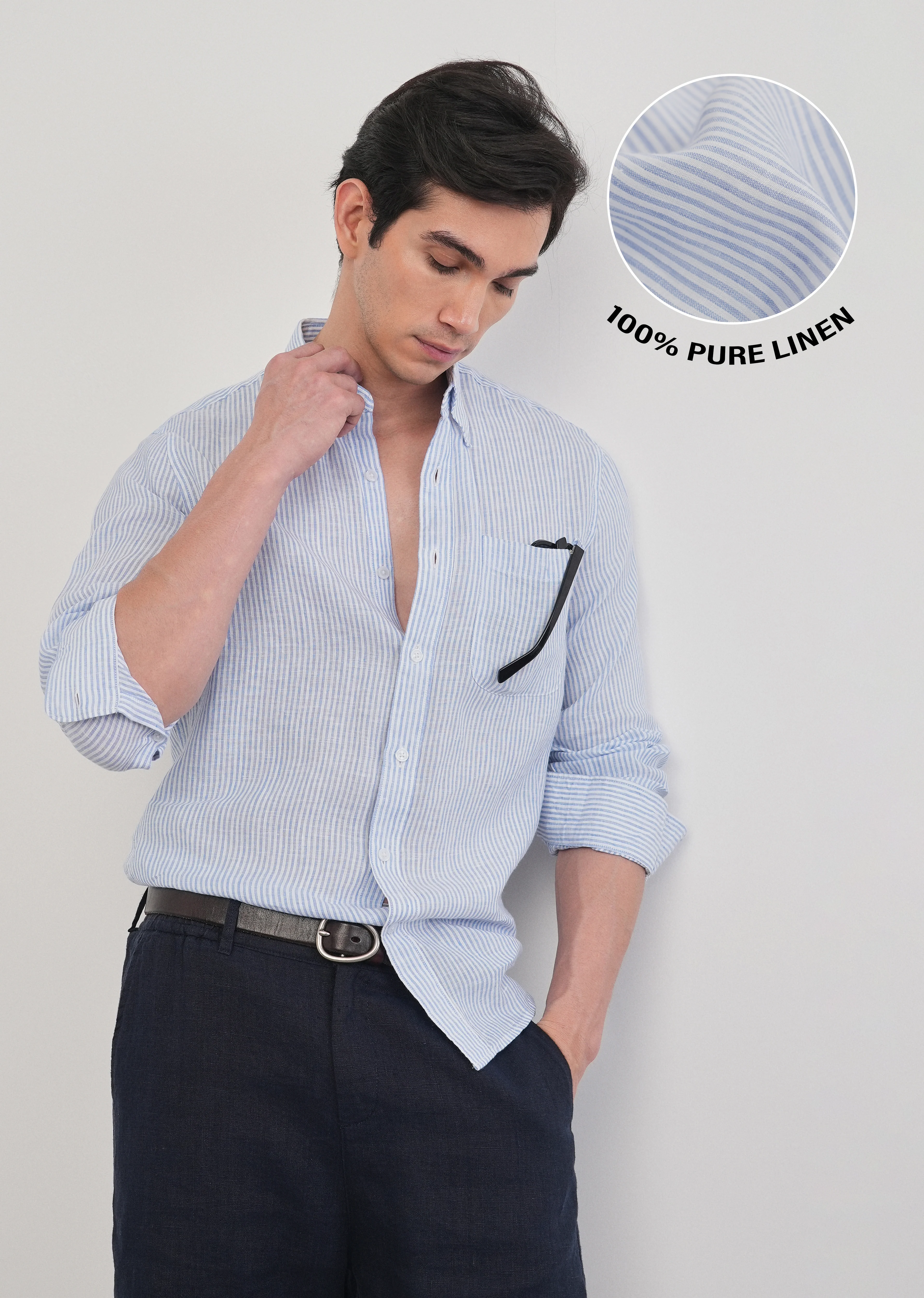 Blue 100% Pure Linen Stripe Shirt - Image 13
