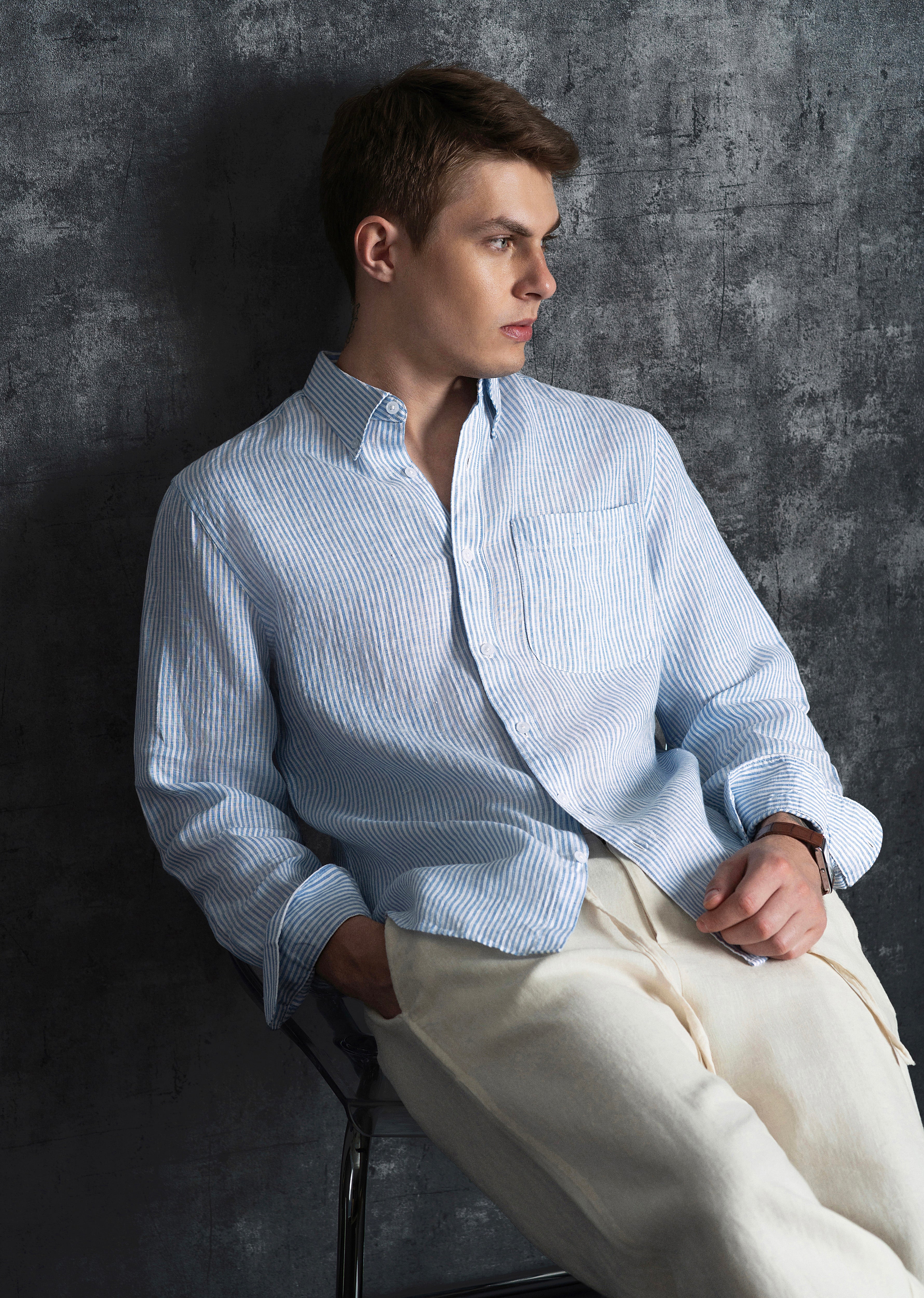 Blue 100% Pure Linen Stripe Shirt - Image 2