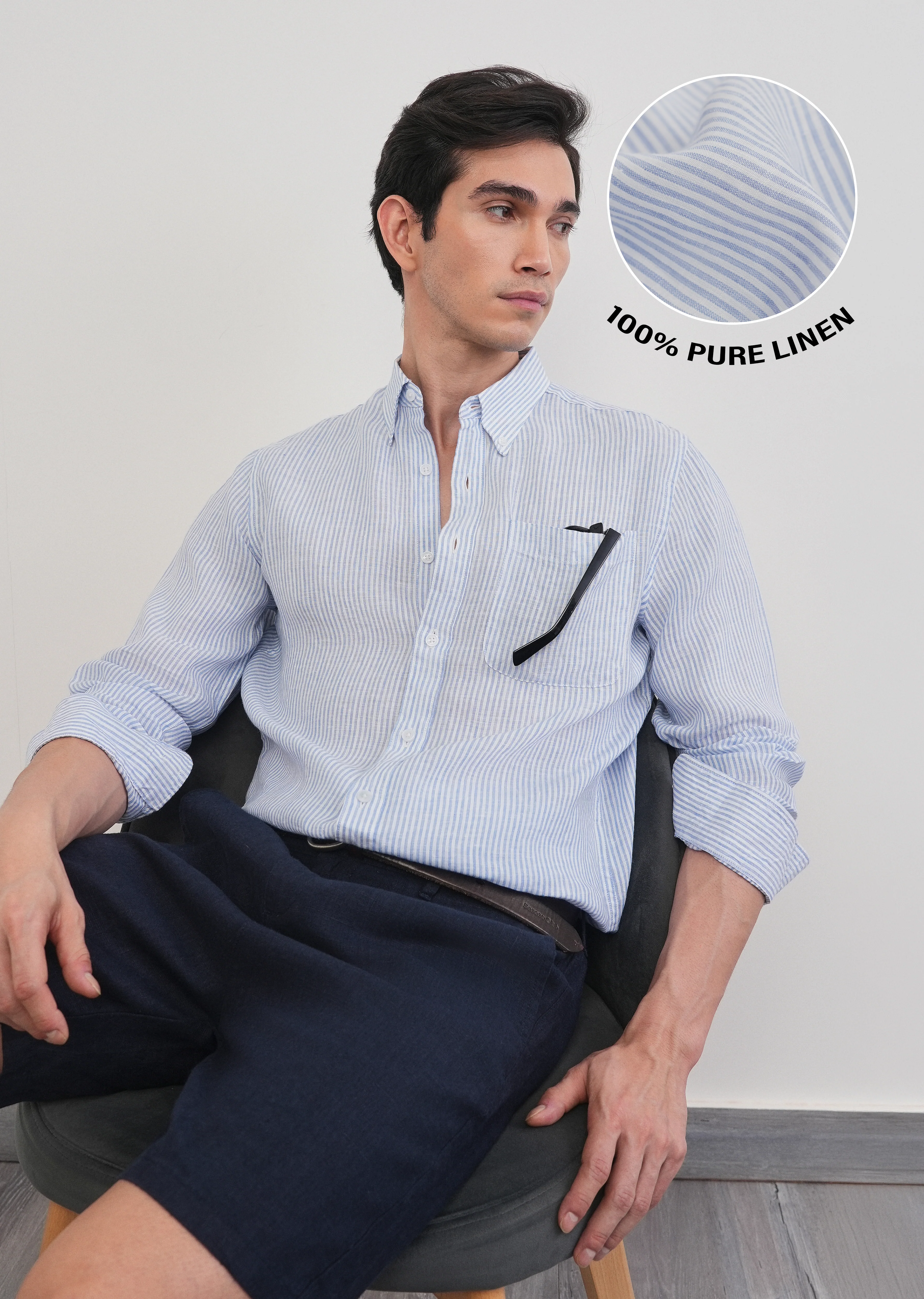 Blue 100% Pure Linen Stripe Shirt - Image 3