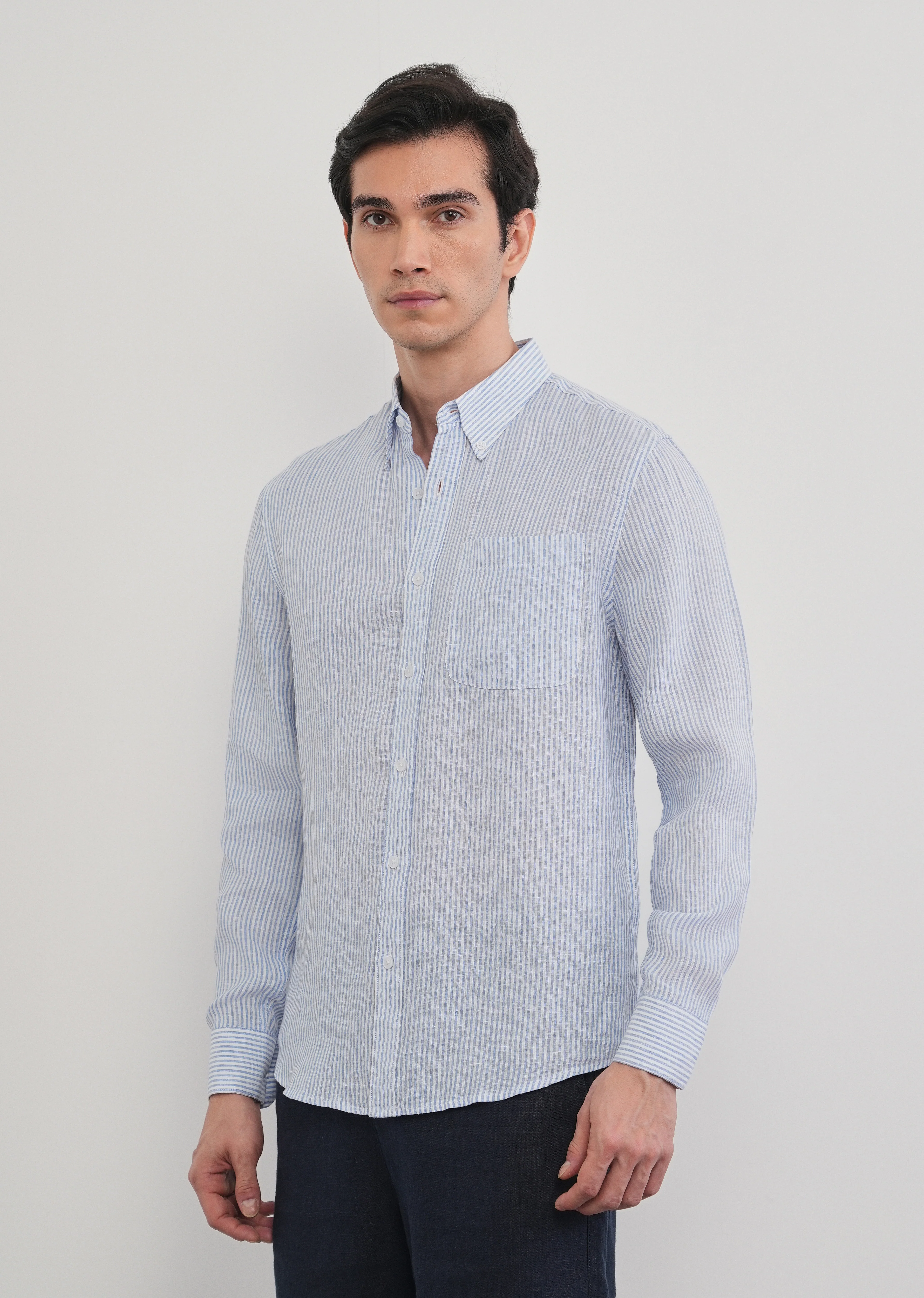 Blue 100% Pure Linen Stripe Shirt - Image 9
