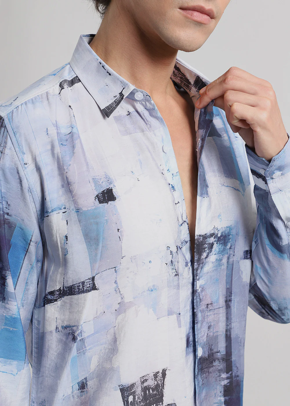 Blue Abstract Brush Print Shirt - Image 2