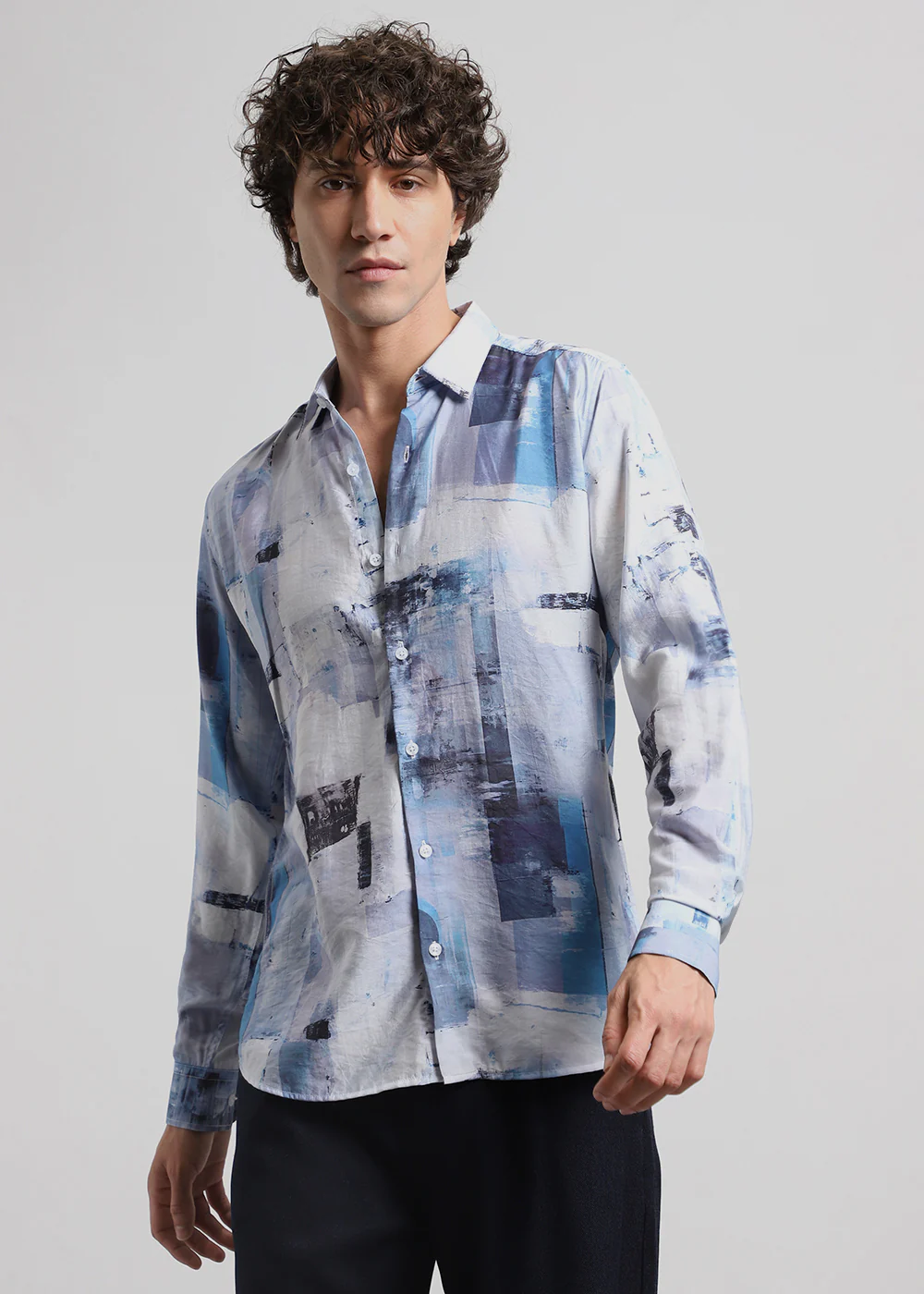 Blue Abstract Brush Print Shirt - Image 3