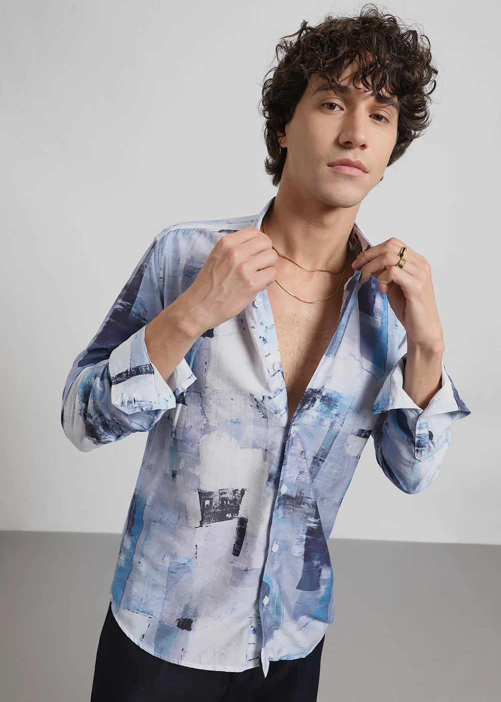 Blue Abstract Brush Print Shirt - Image 6