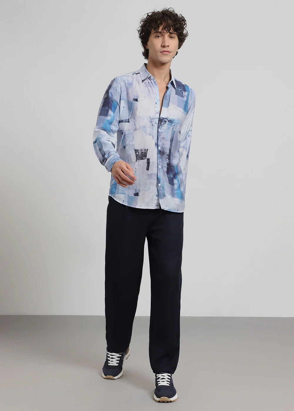 Blue Abstract Brush Print Shirt - Image 7