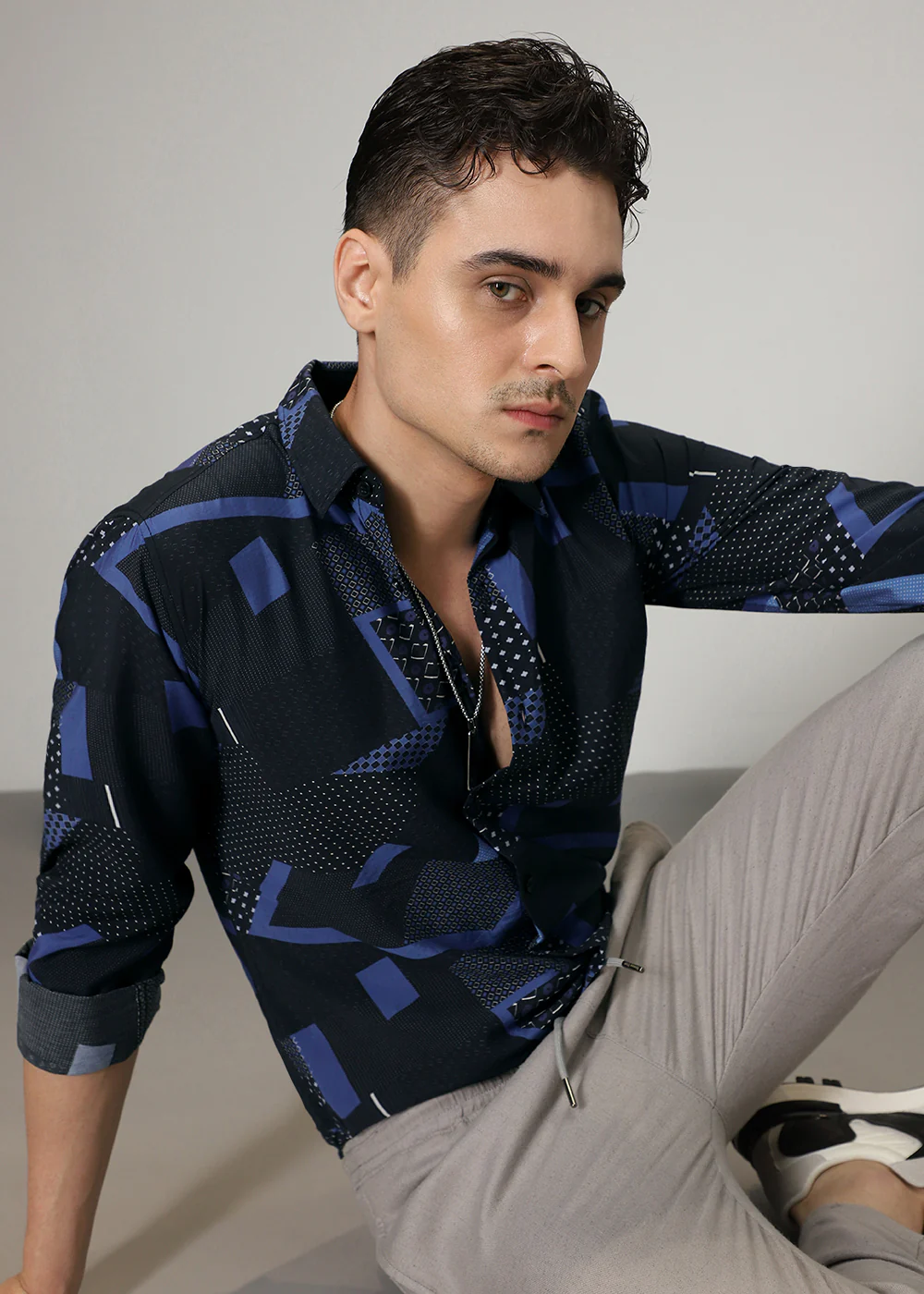 Blue Abstract Geometric Print Shirt - Image 7