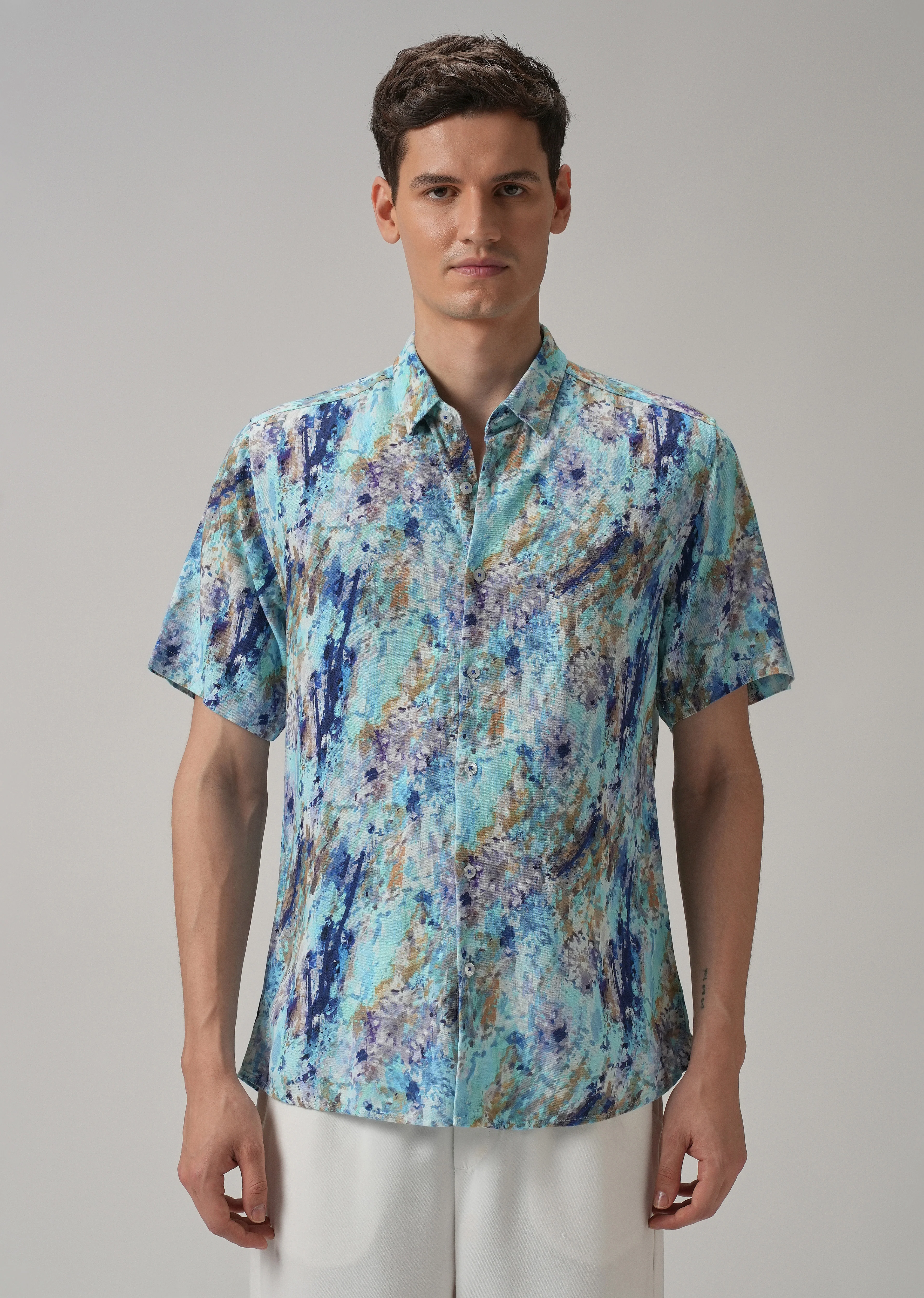 Blue Abstract Patch Half Sleeve shirt - Image 3