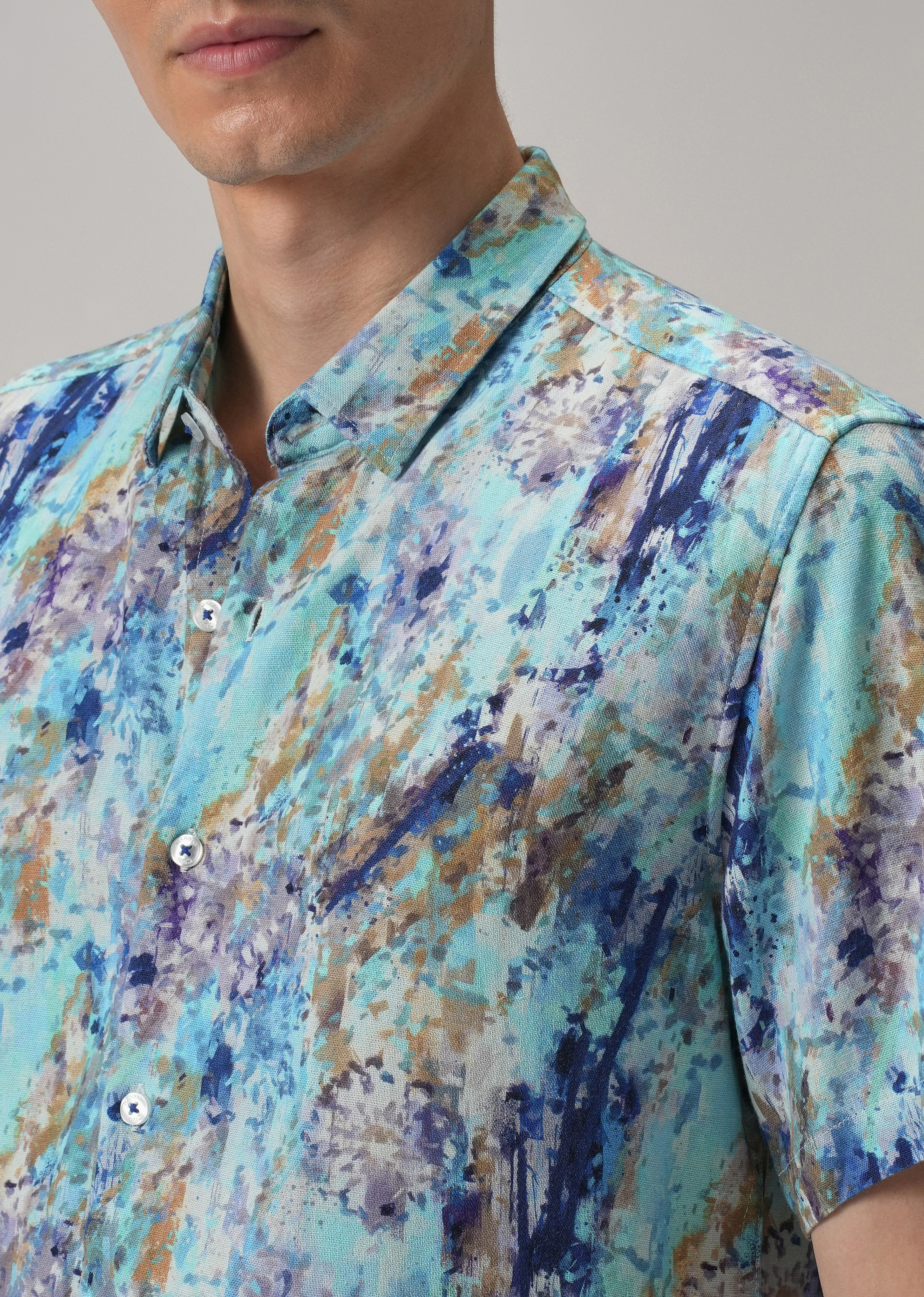 Blue Abstract Patch Half Sleeve shirt - Image 5