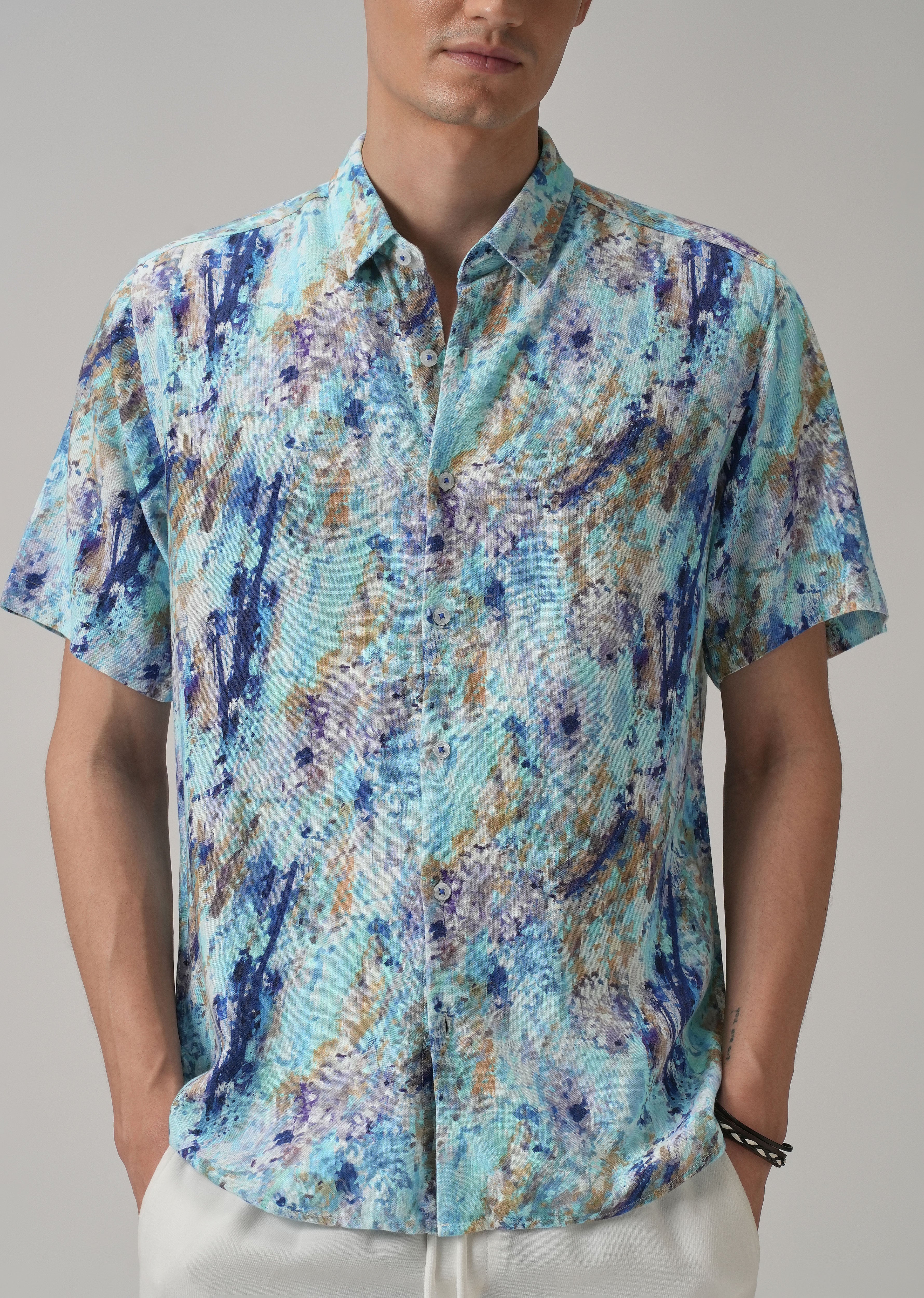 Blue Abstract Patch Half Sleeve shirt - Image 7