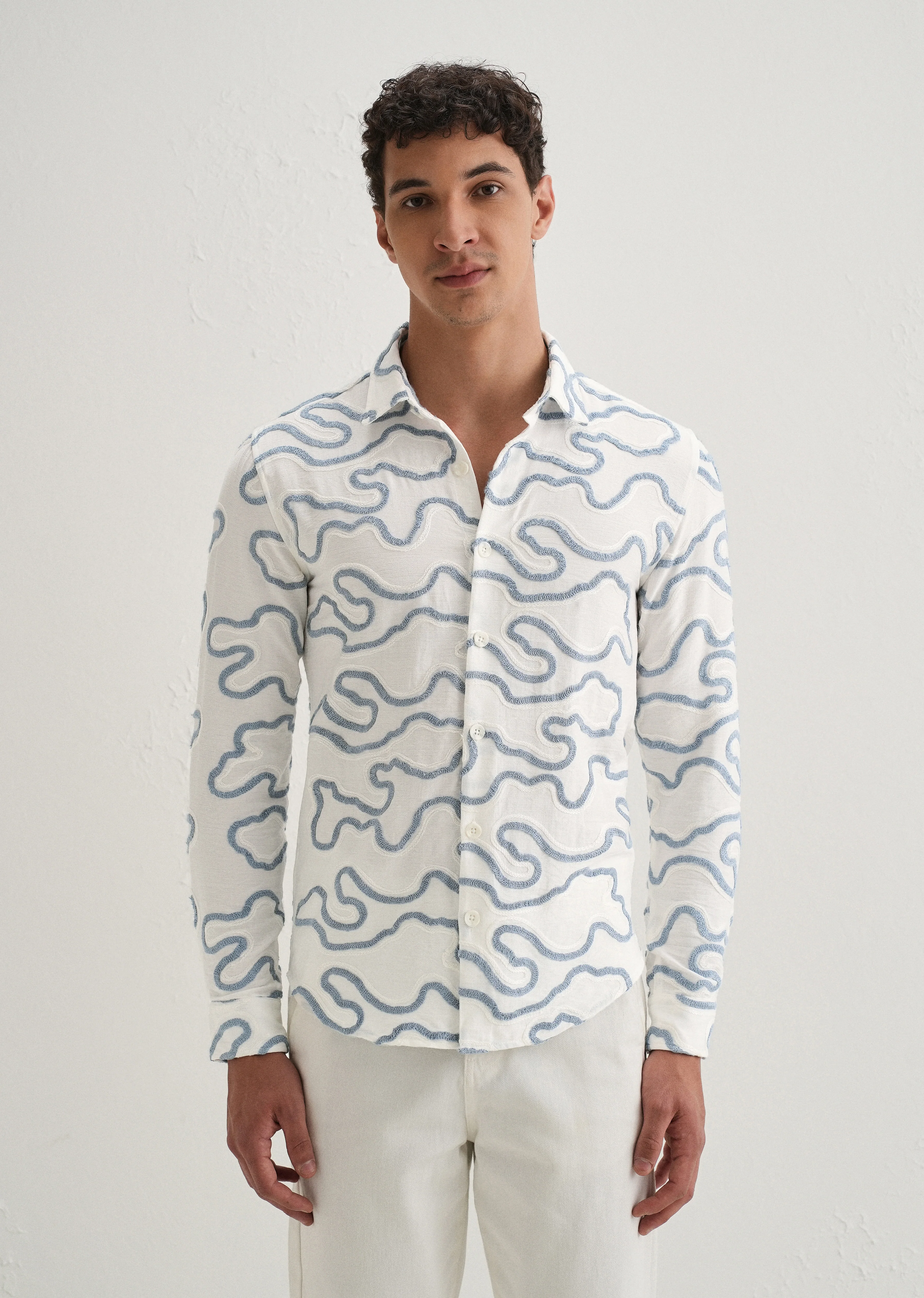 Blue Artistic Abstract Embroidery Shirt - Image 4