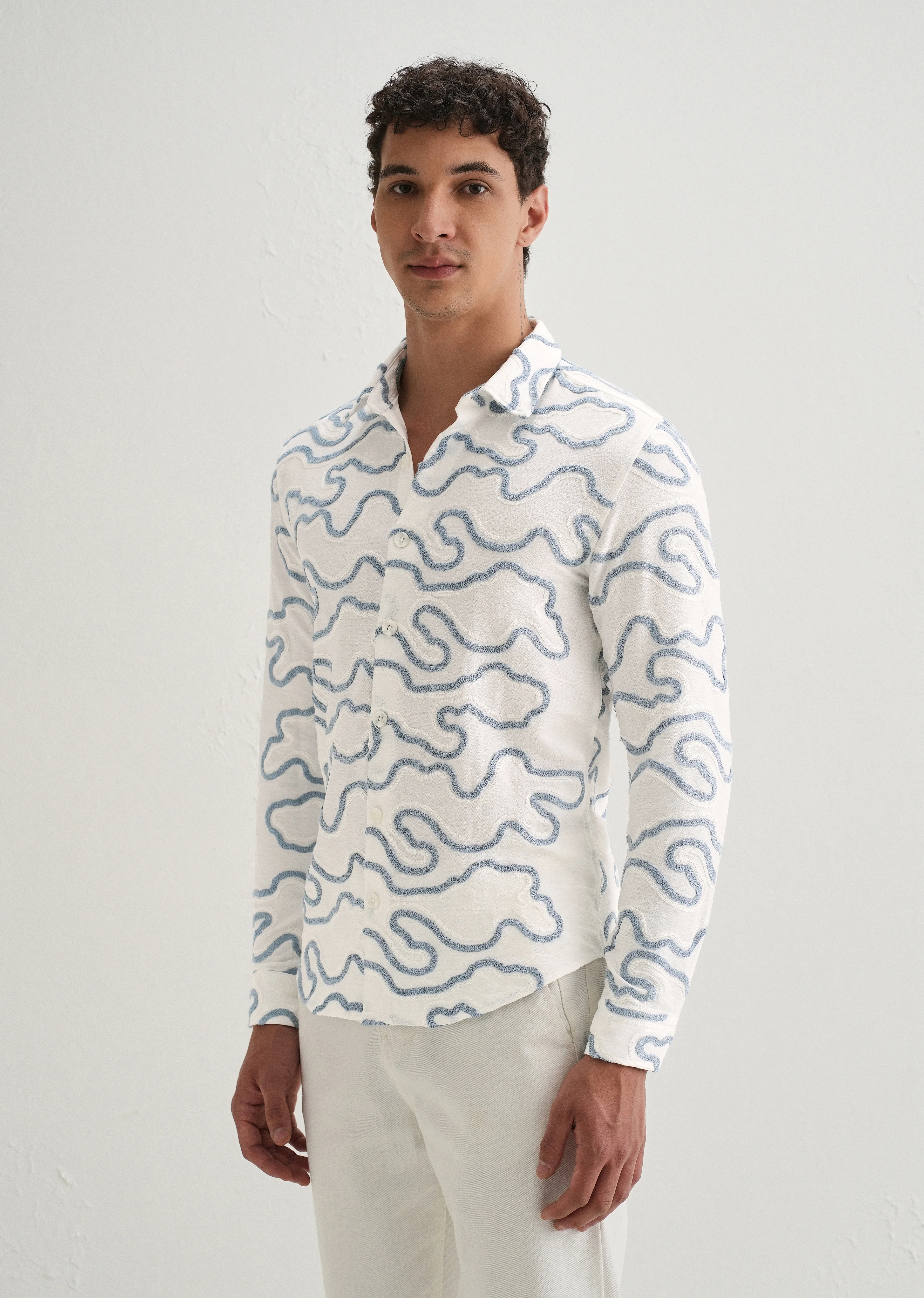 Blue Artistic Abstract Embroidery Shirt - Image 5