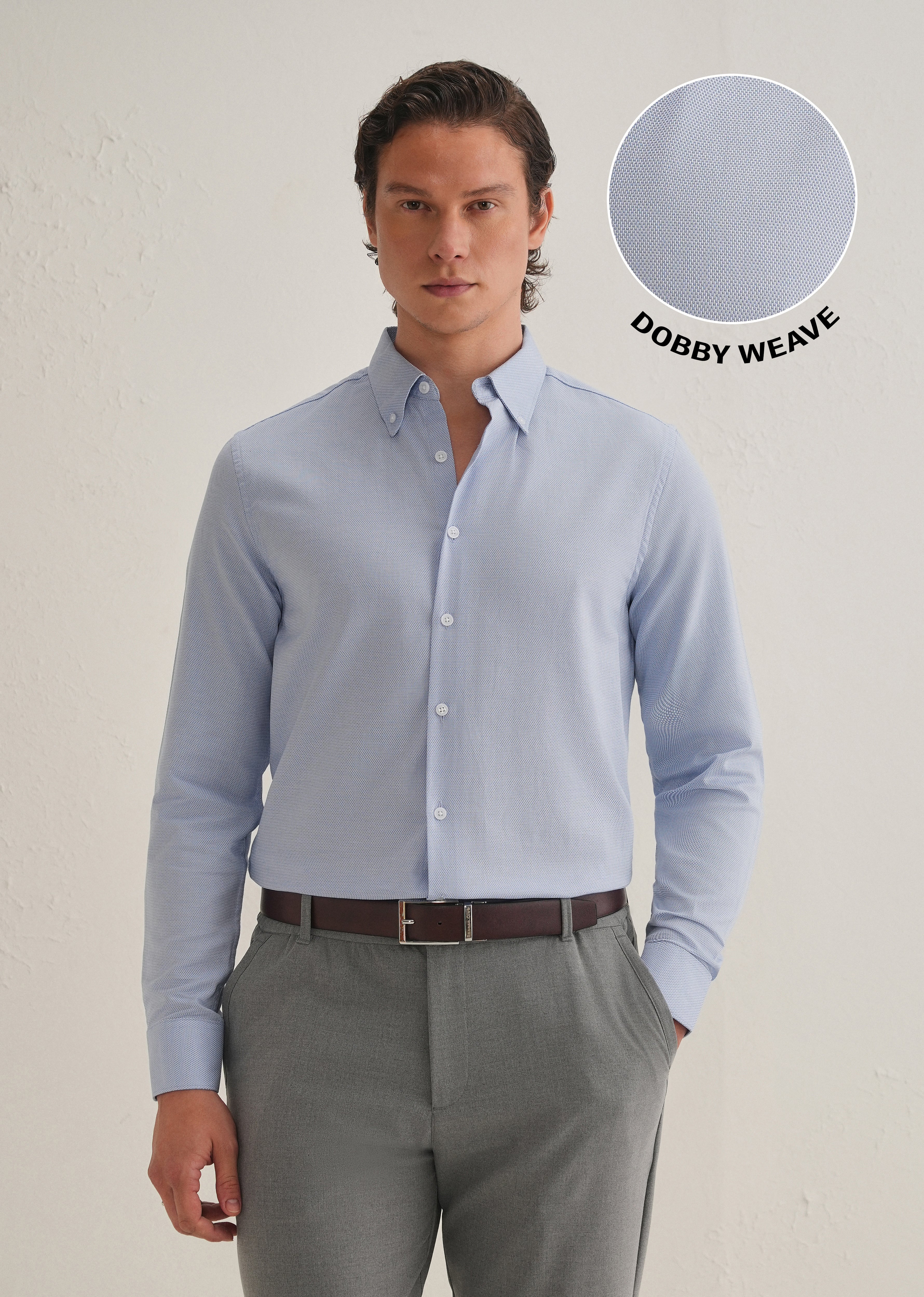 Blue Basket Weave Dobby Cotton Shirt - Image 2