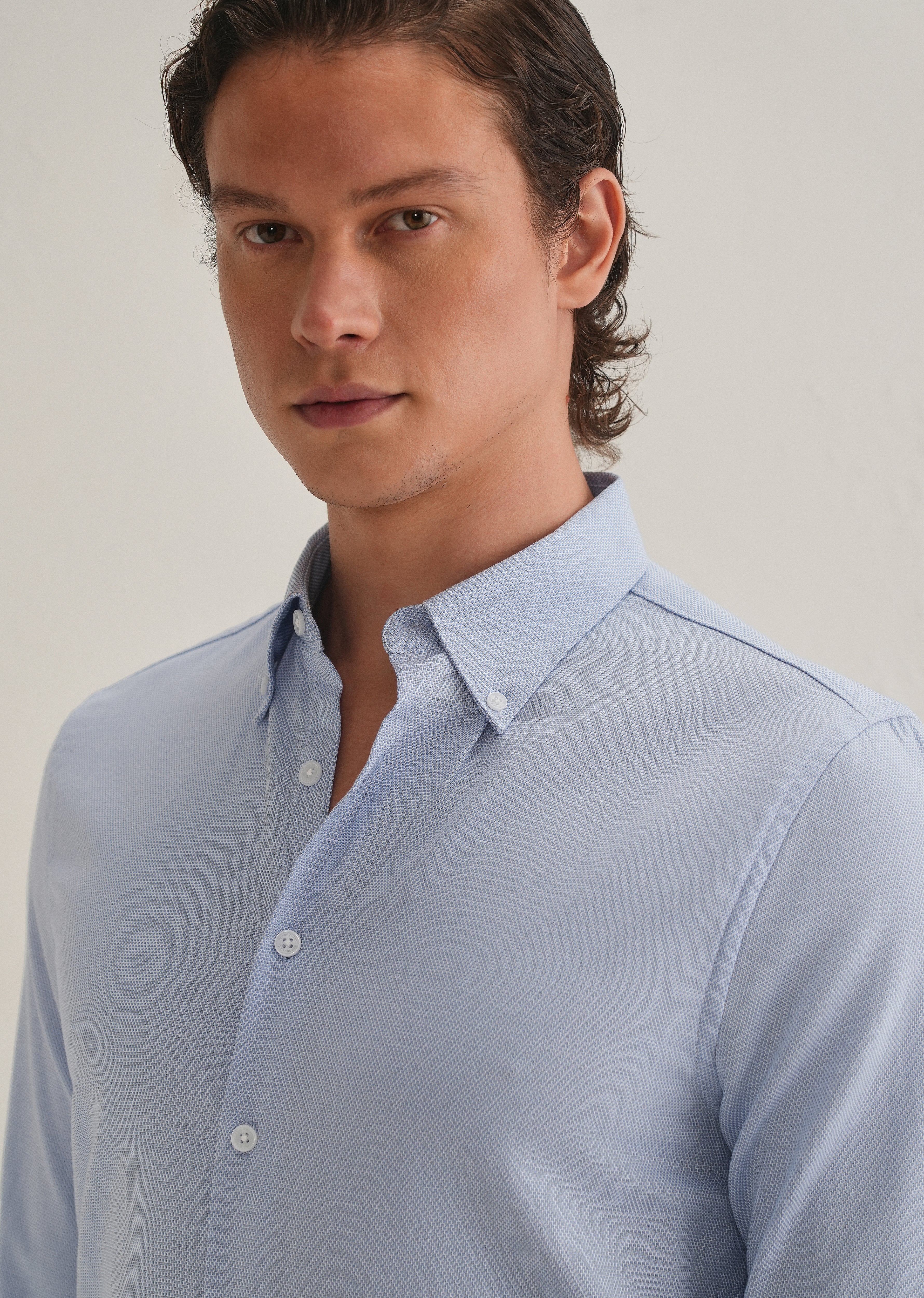 Blue Basket Weave Dobby Cotton Shirt - Image 3