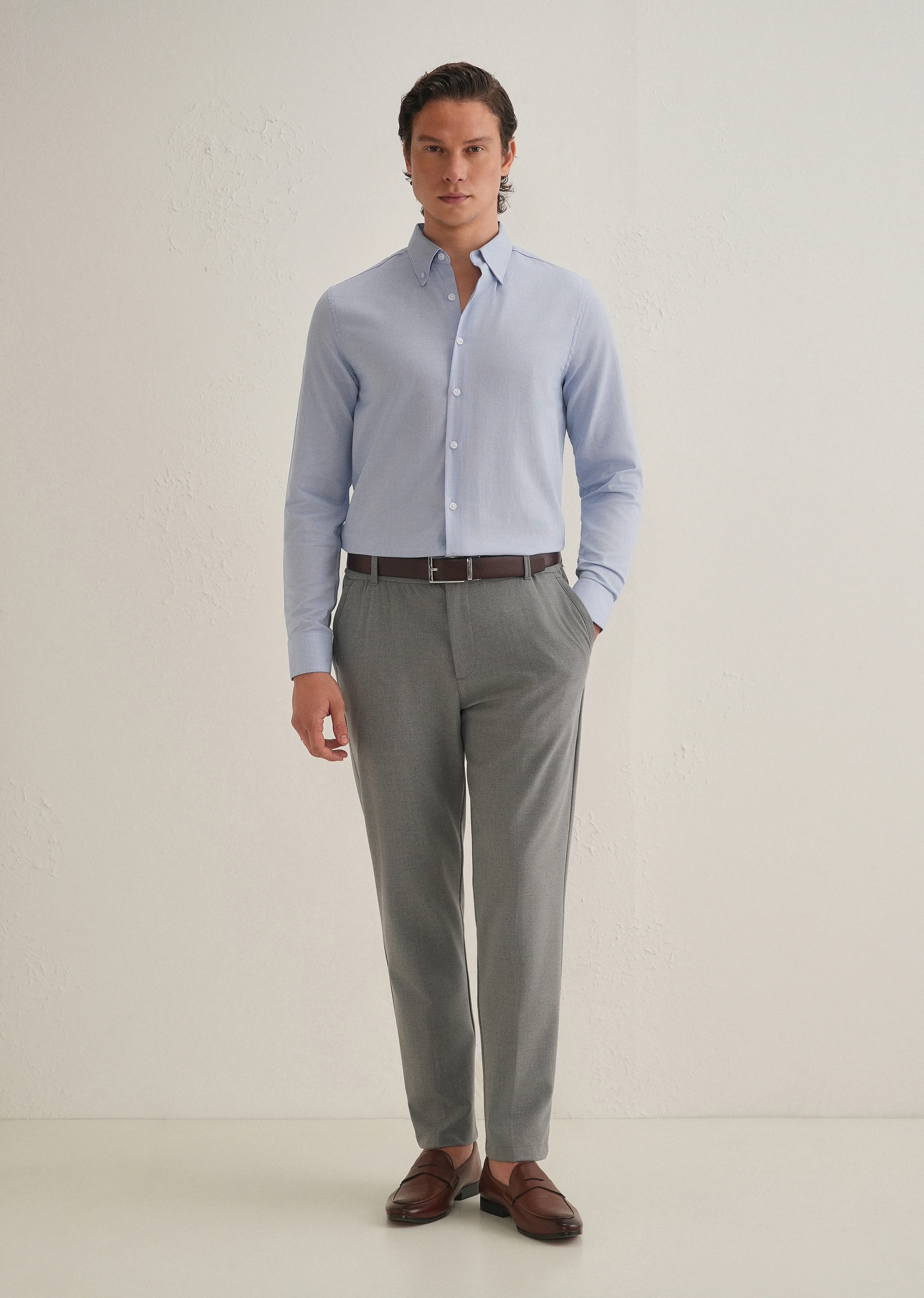 Blue Basket Weave Dobby Cotton Shirt - Image 7