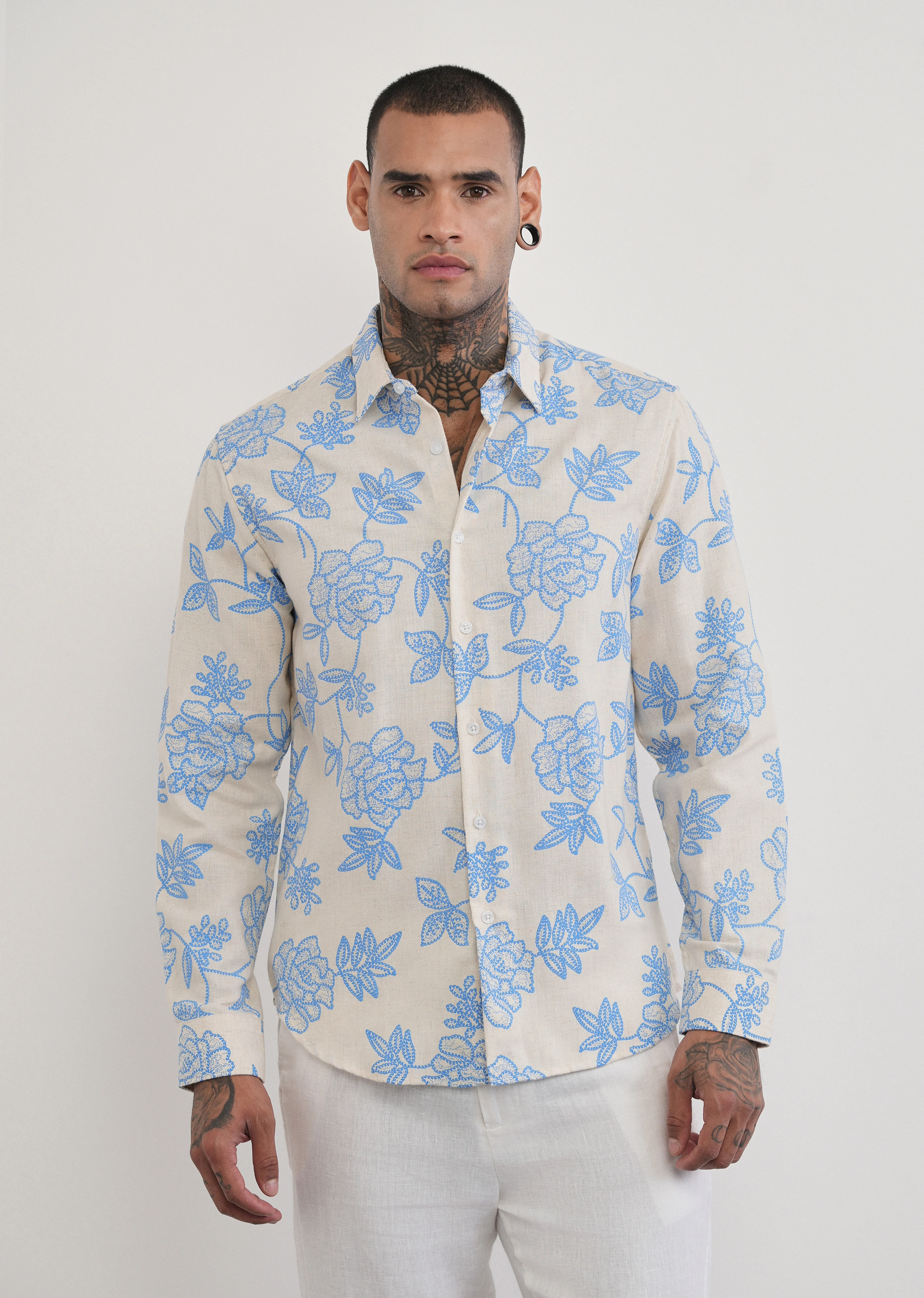Blue Blended Linen Floral Print Shirt - Image 3