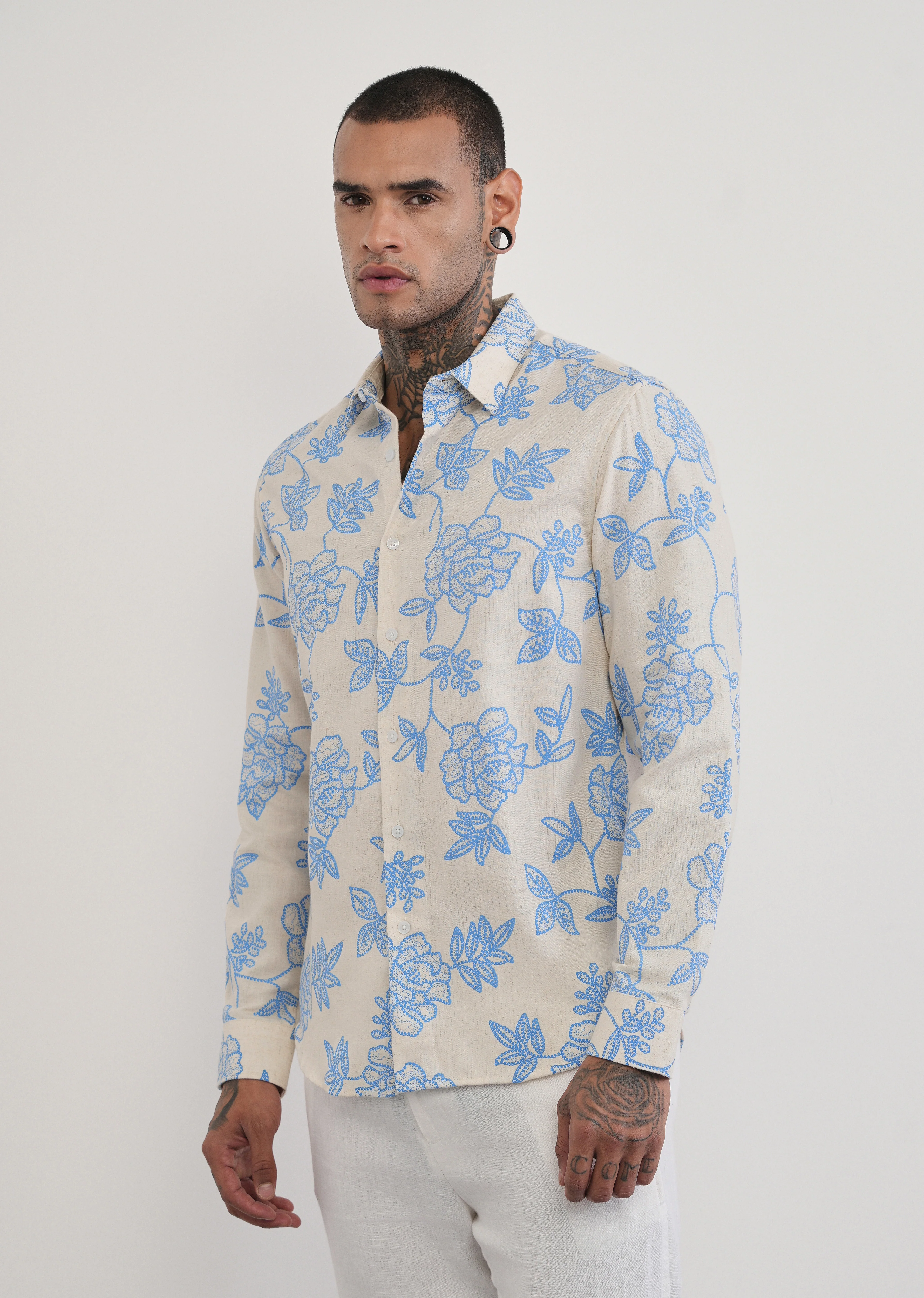 Blue Blended Linen Floral Print Shirt - Image 4