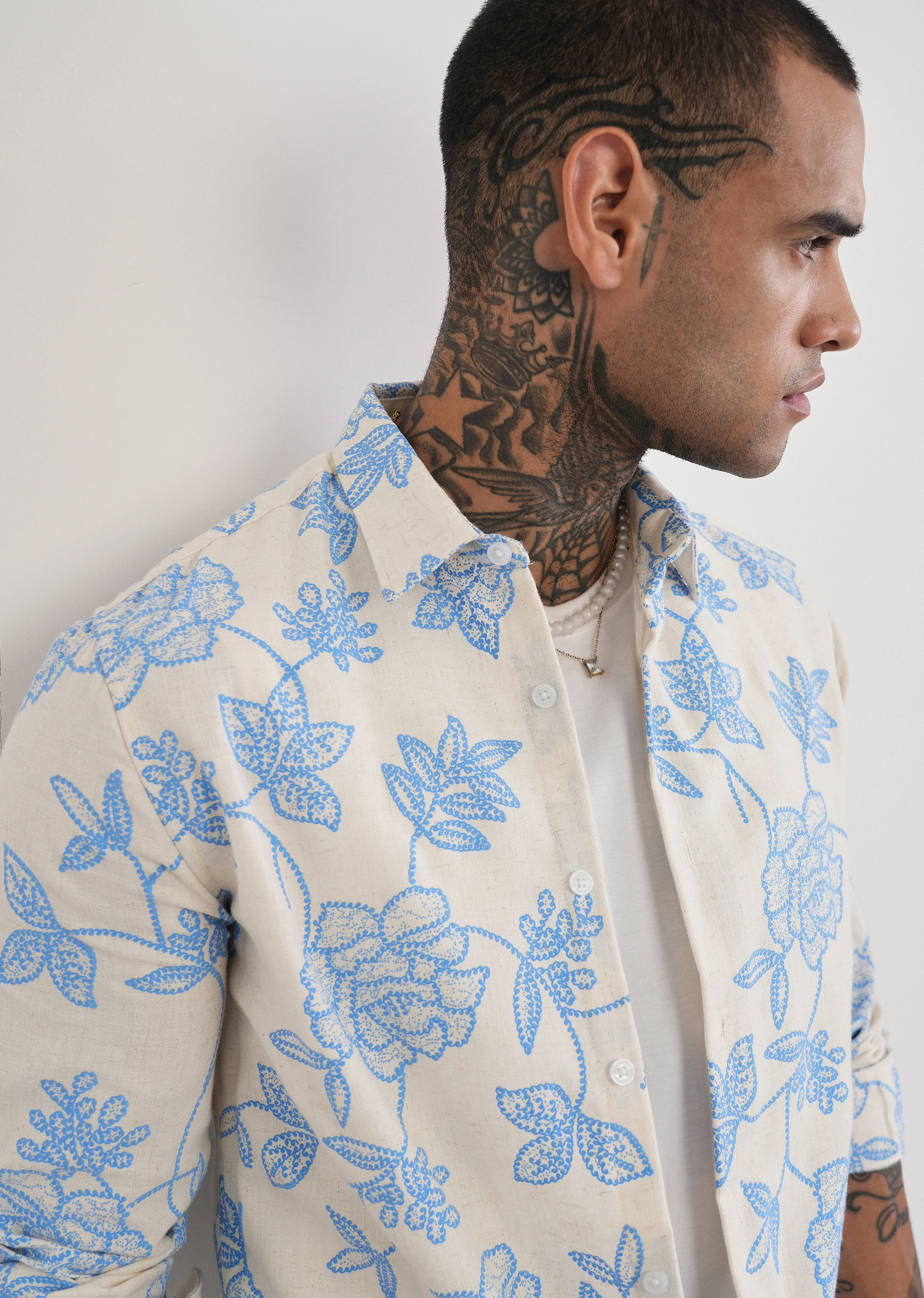 Blue Blended Linen Floral Print Shirt - Image 5