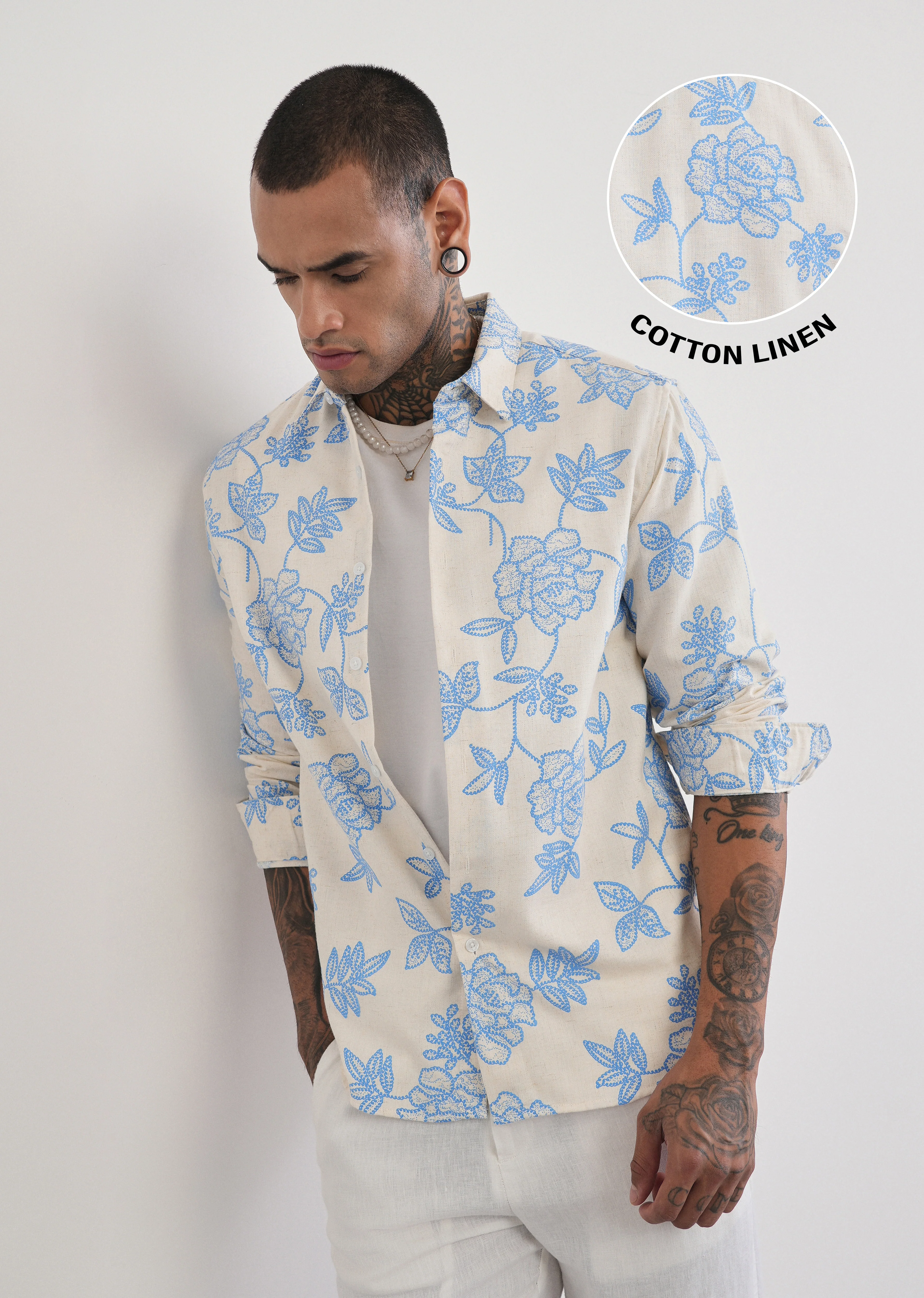 Blue Blended Linen Floral Print Shirt - Image 7