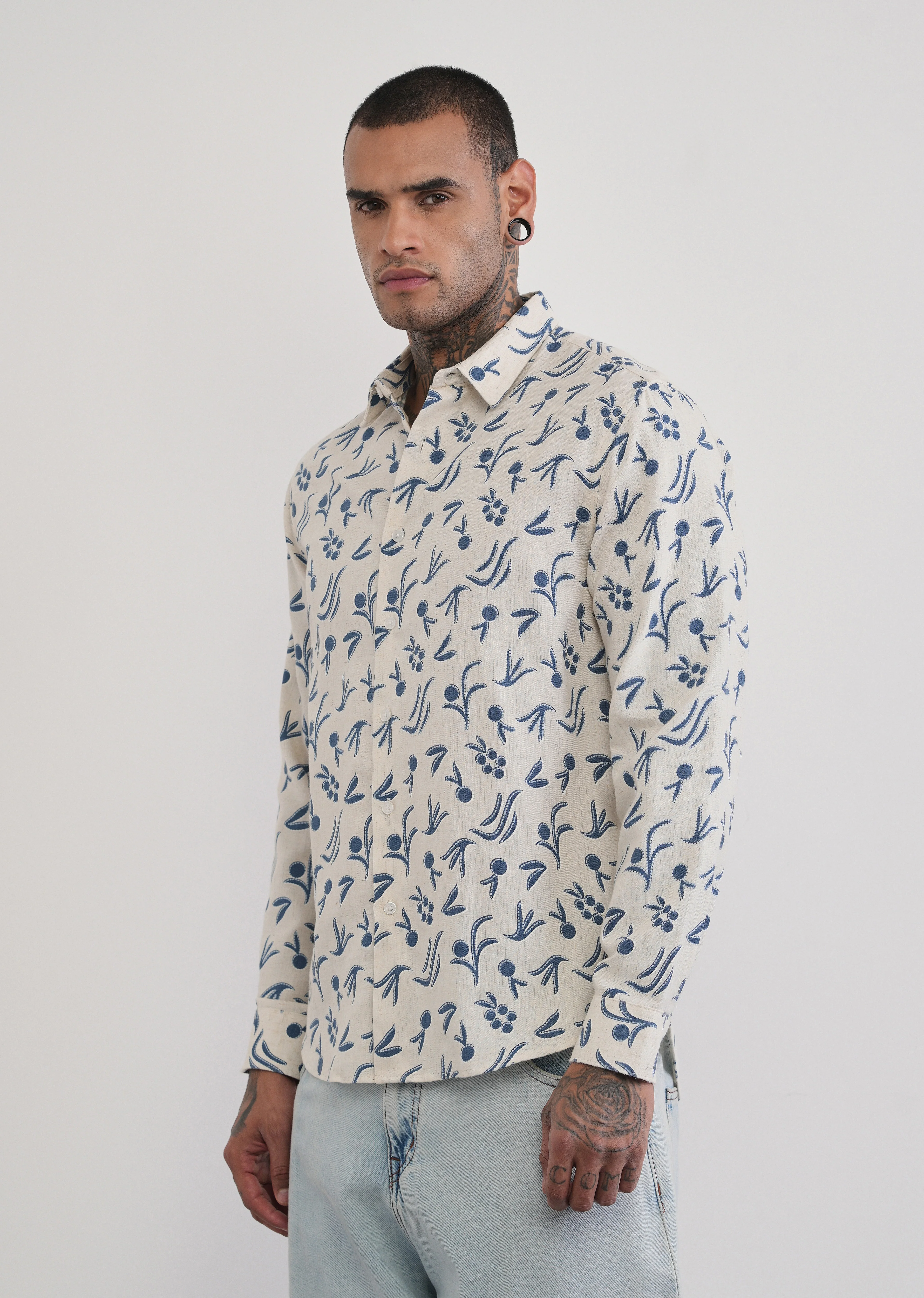 Blue Blended Linen Printed Shirt - Image 4