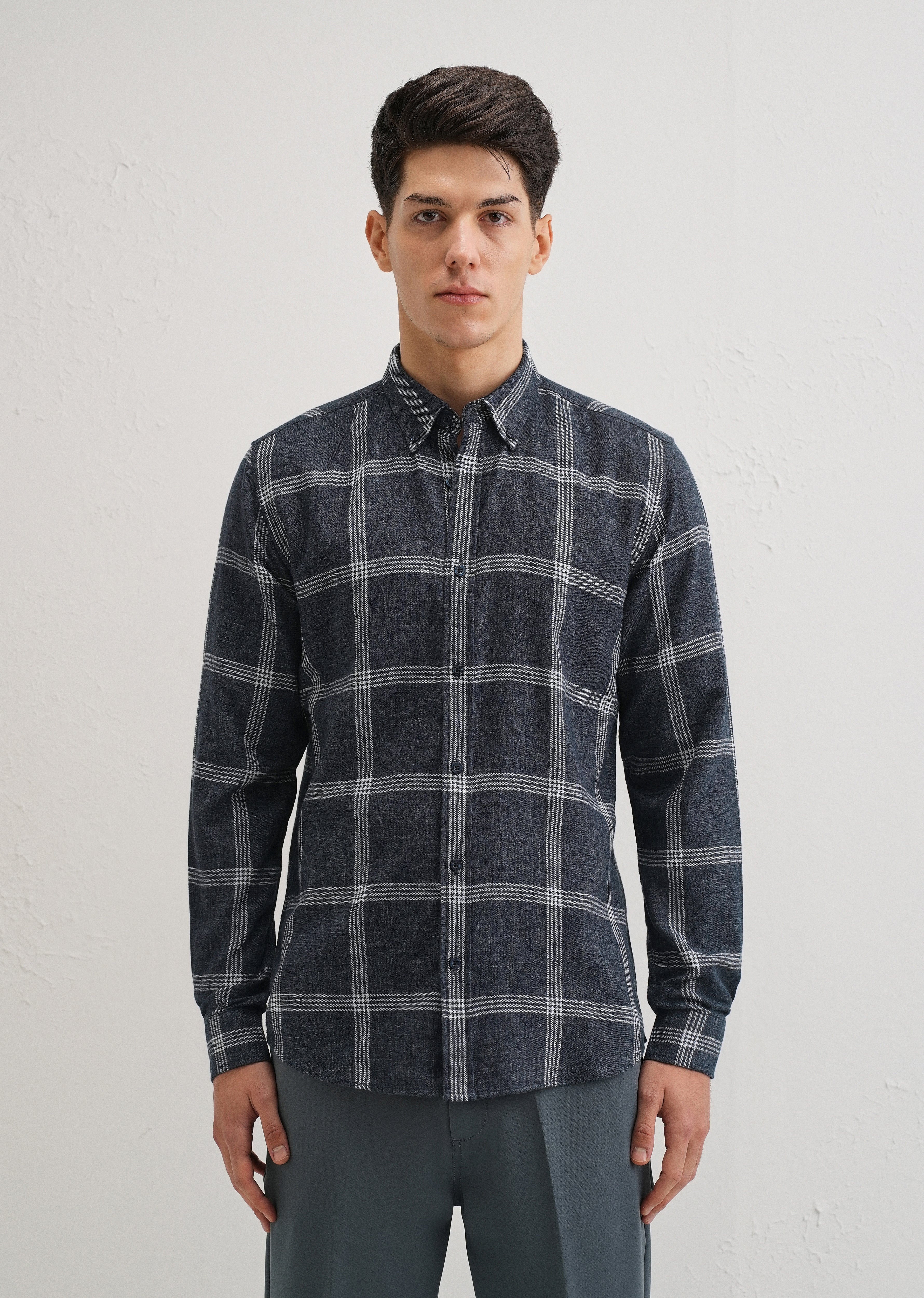 Melange Blue Boxed Check Shirt - Image 3