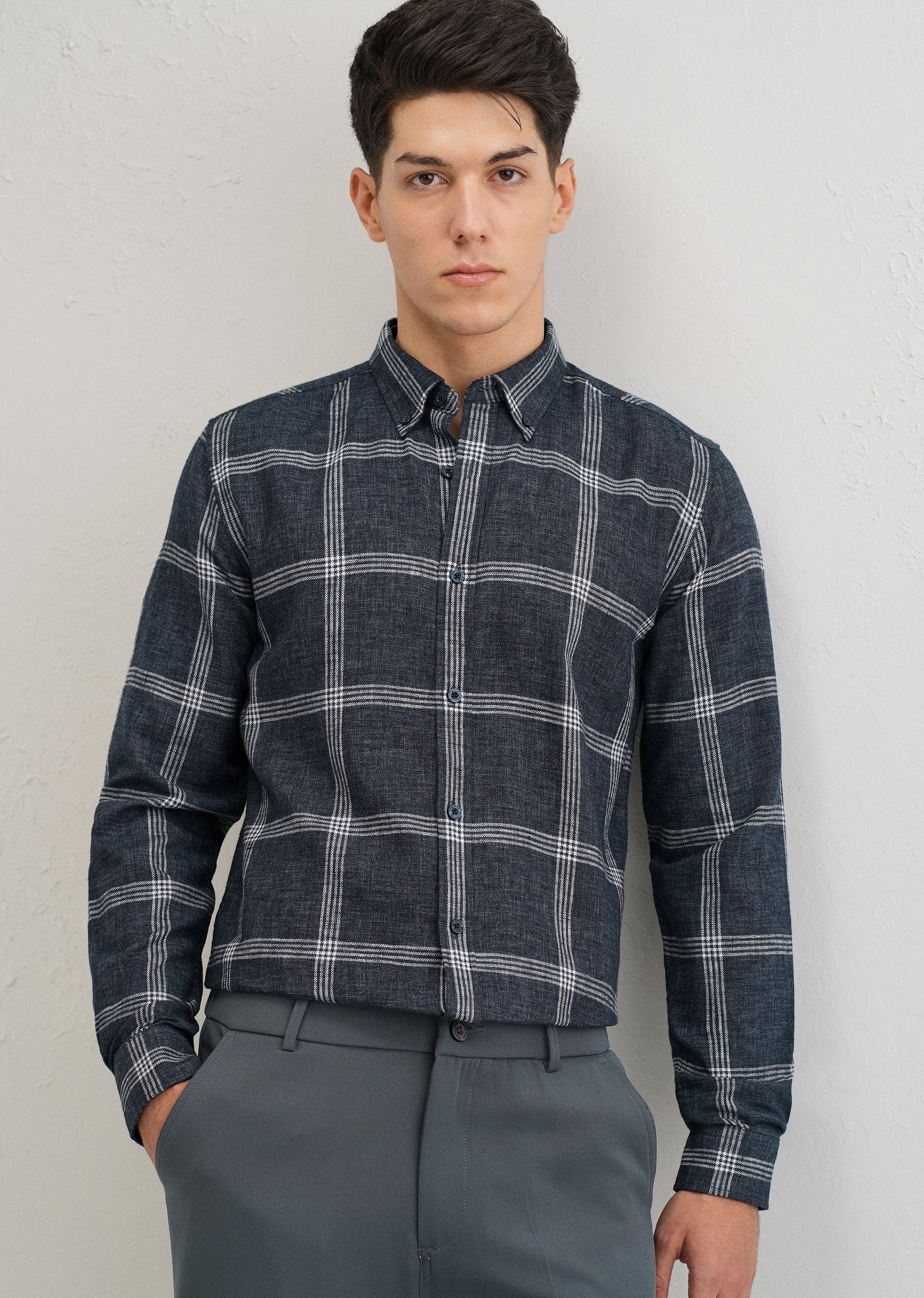 Melange Blue Boxed Check Shirt - Image 7