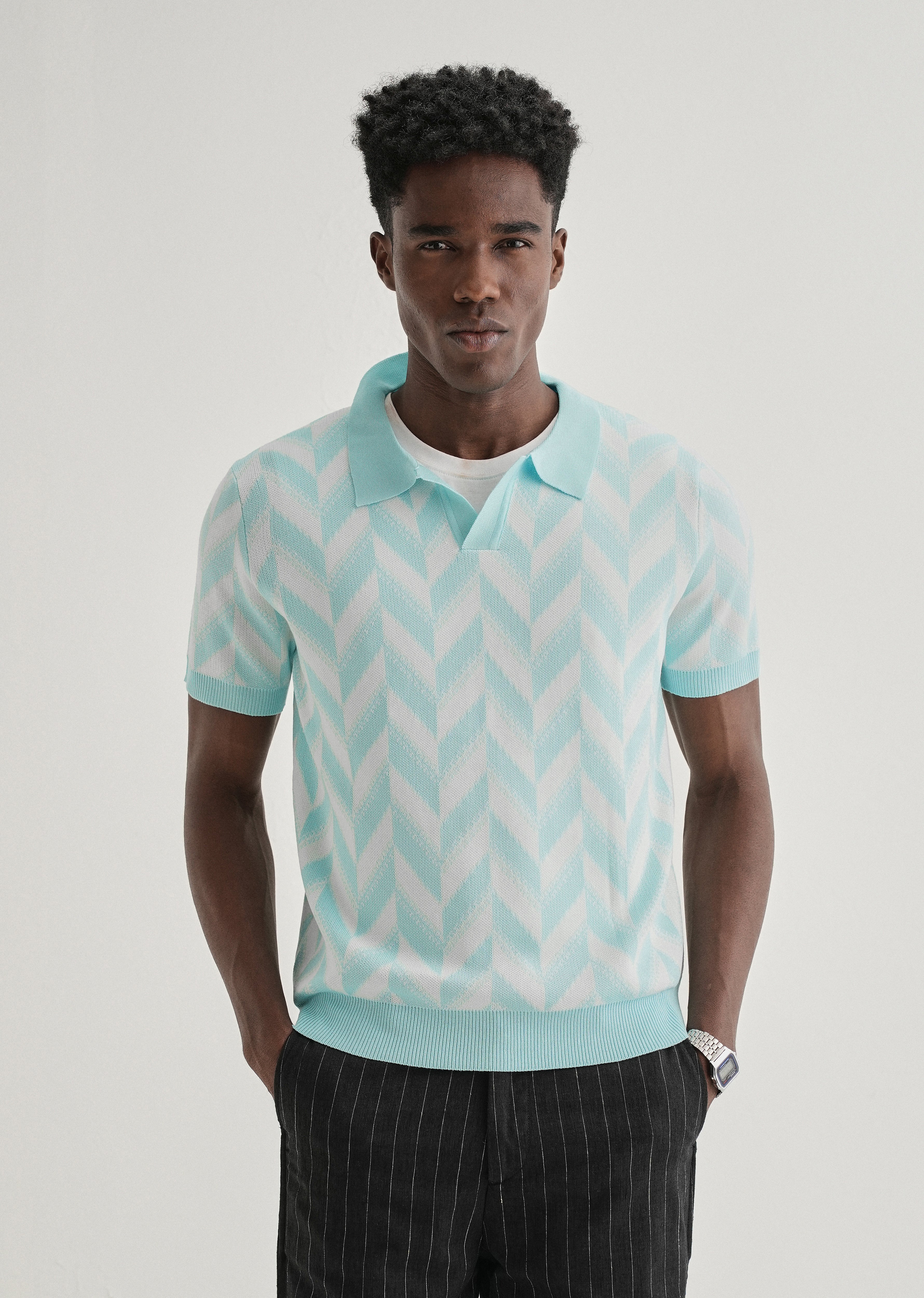 Blue Chevron Knitted Polo T-shirt - Image 3