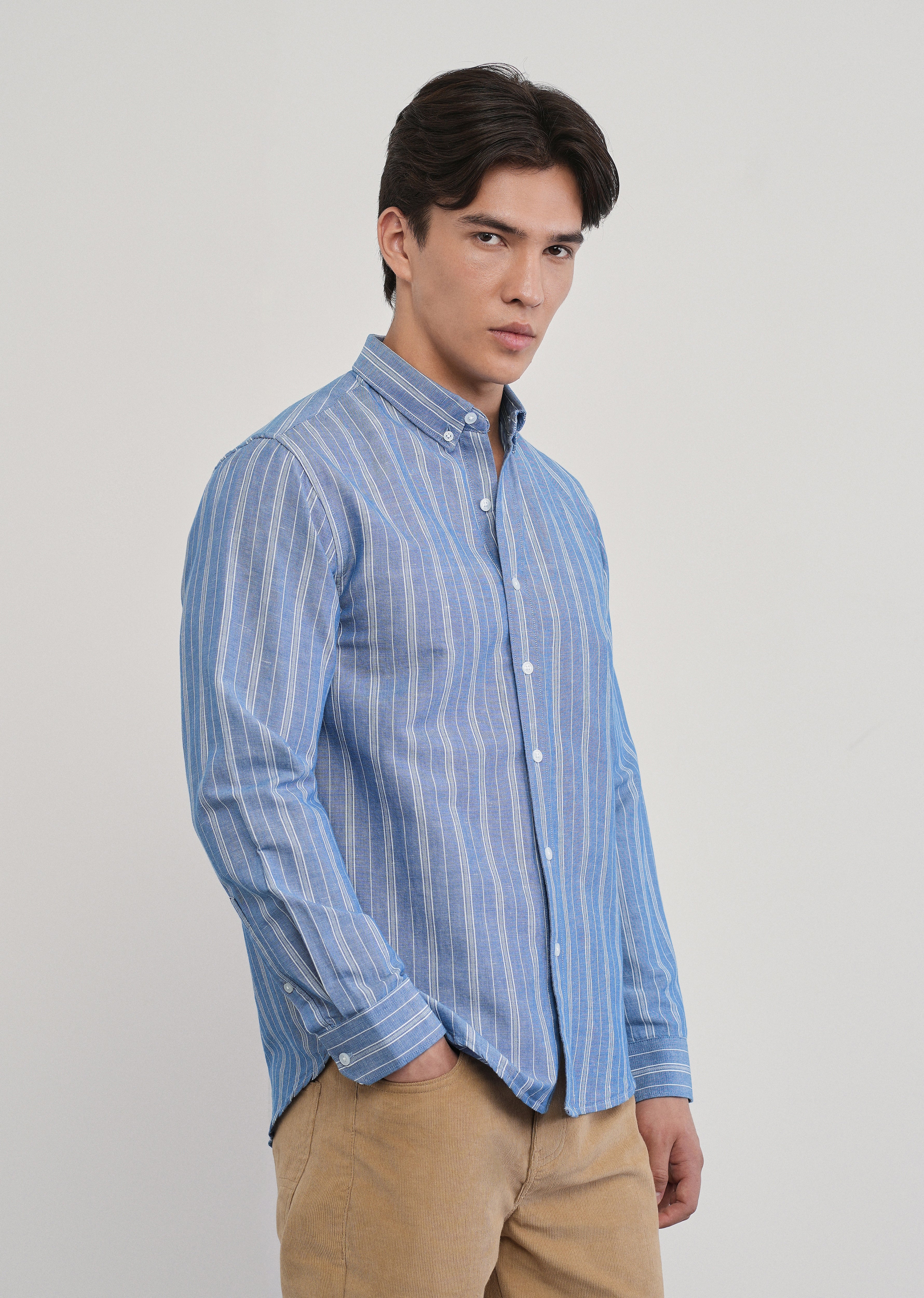 Blue Cotton Linen Stripe Shirt - Image 4
