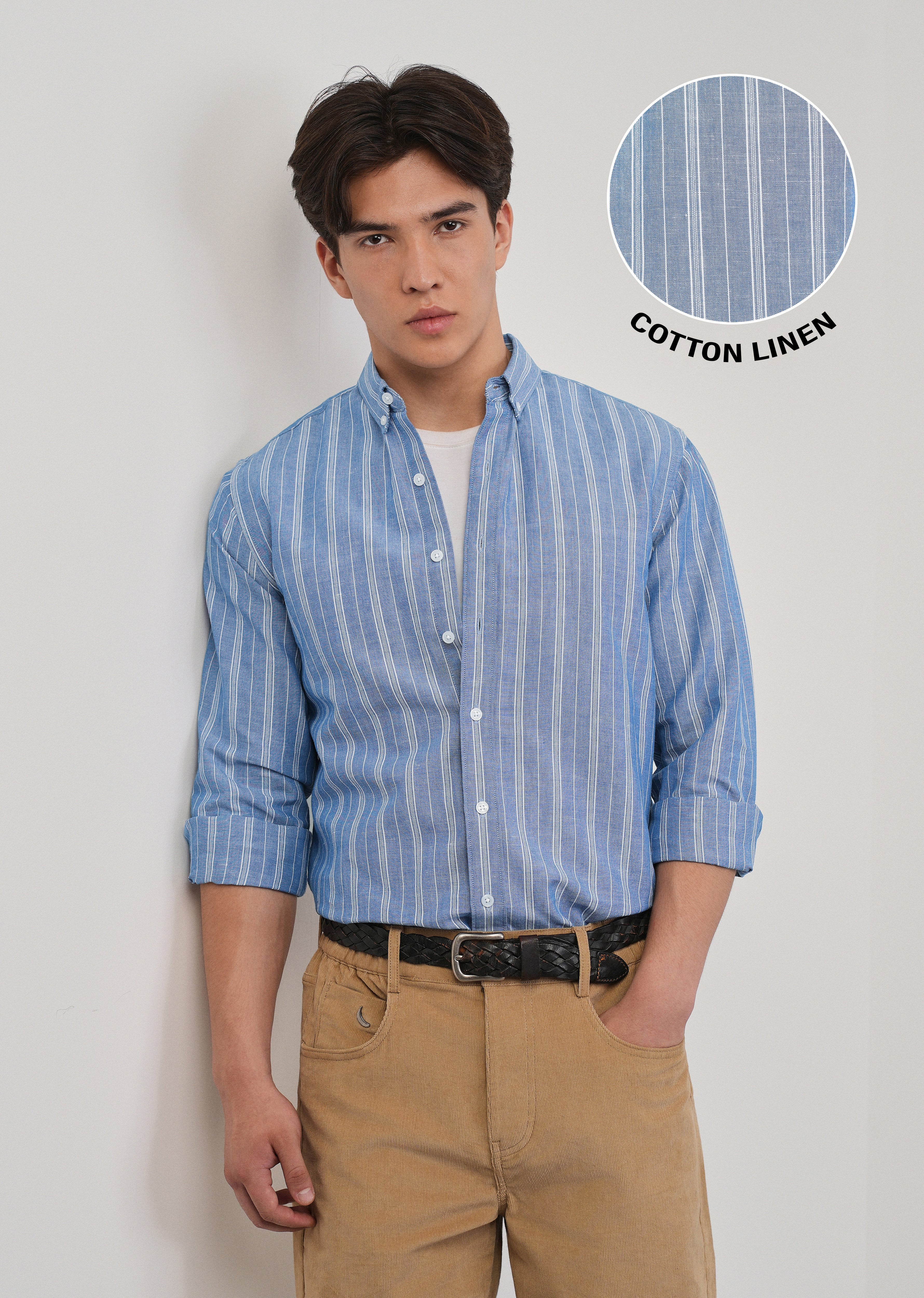 Blue Cotton Linen Stripe Shirt - Image 7