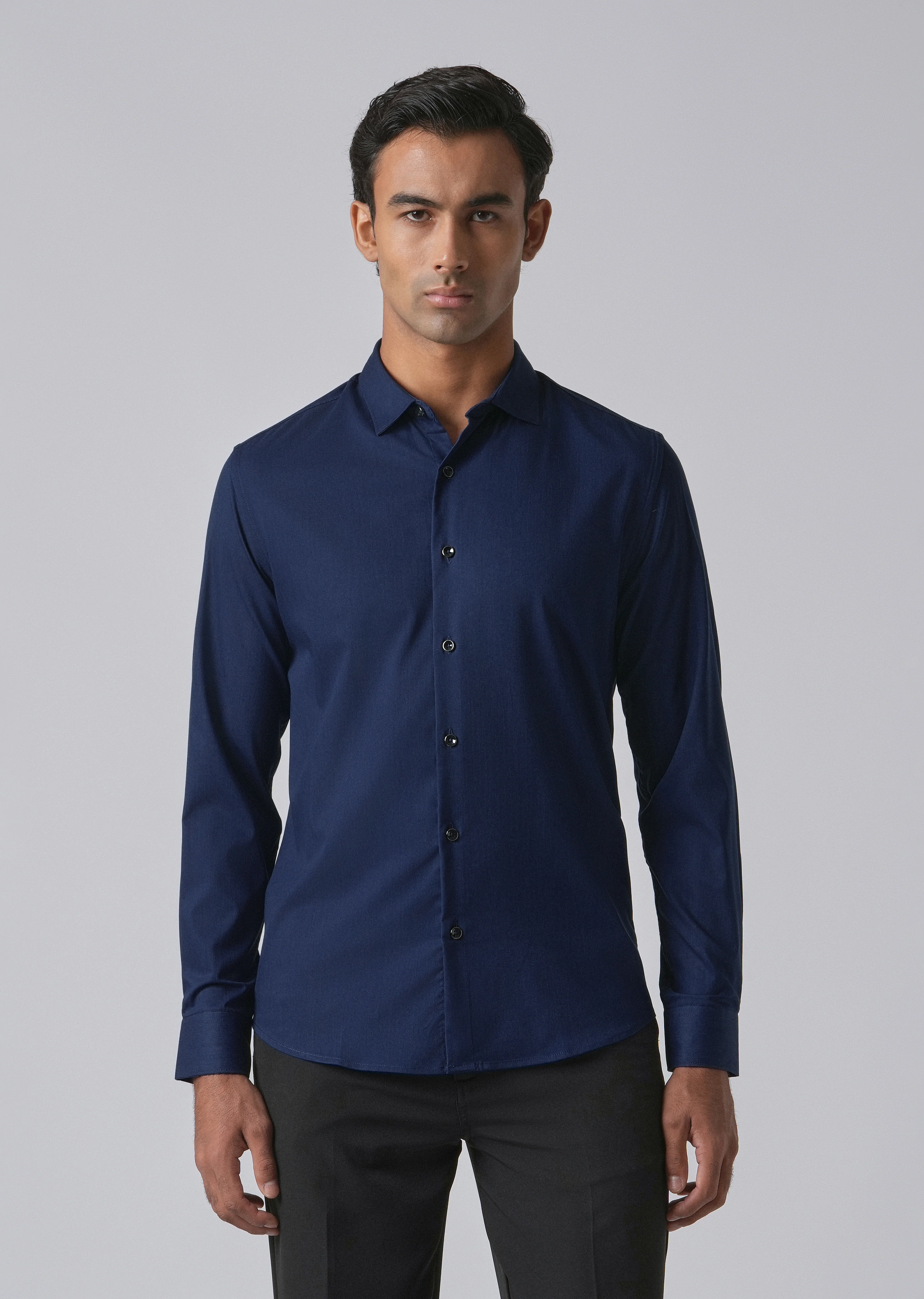 Blue Cotton Stretch Plain Shirt - Image 3