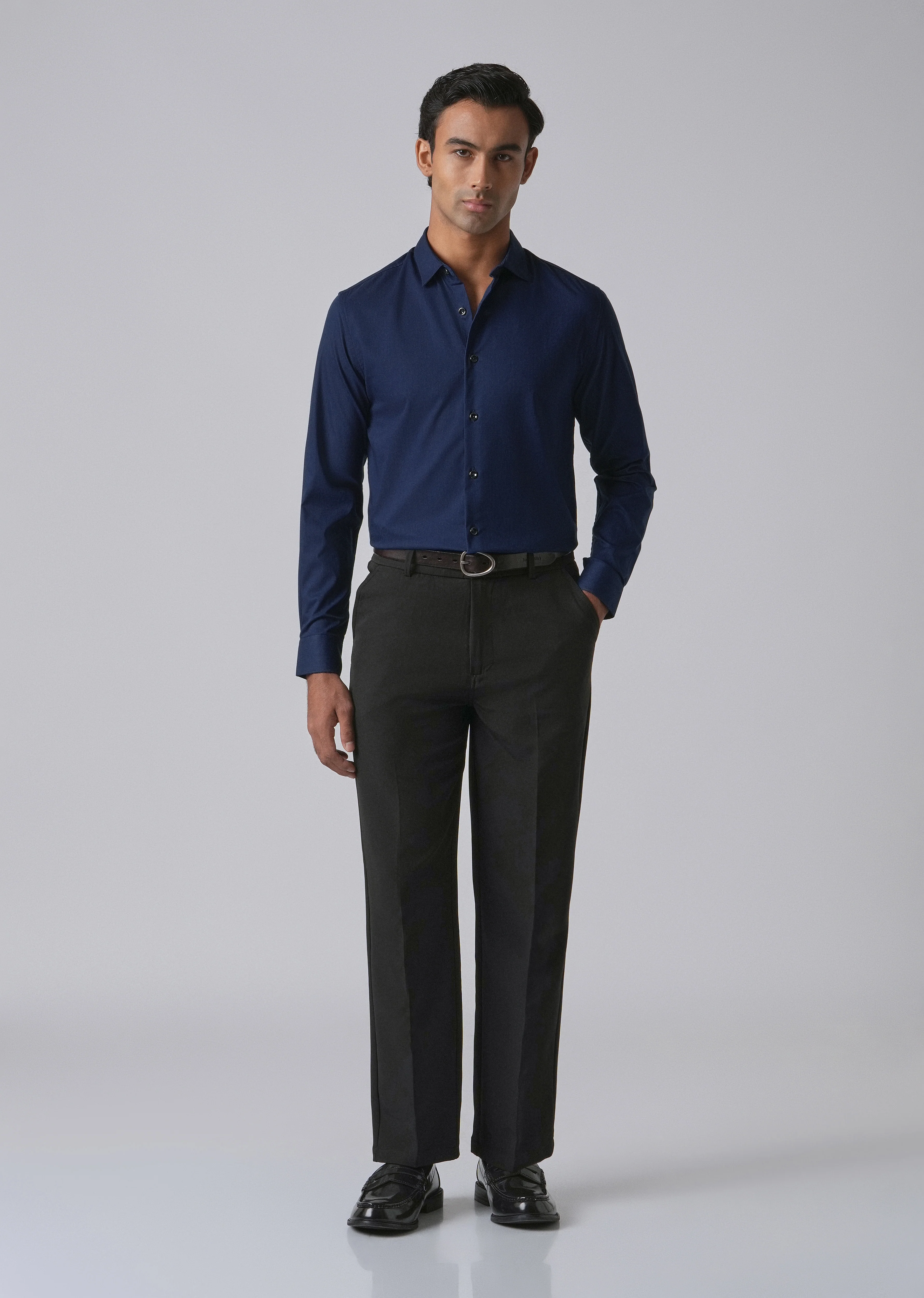 Blue Cotton Stretch Plain Shirt - Image 6