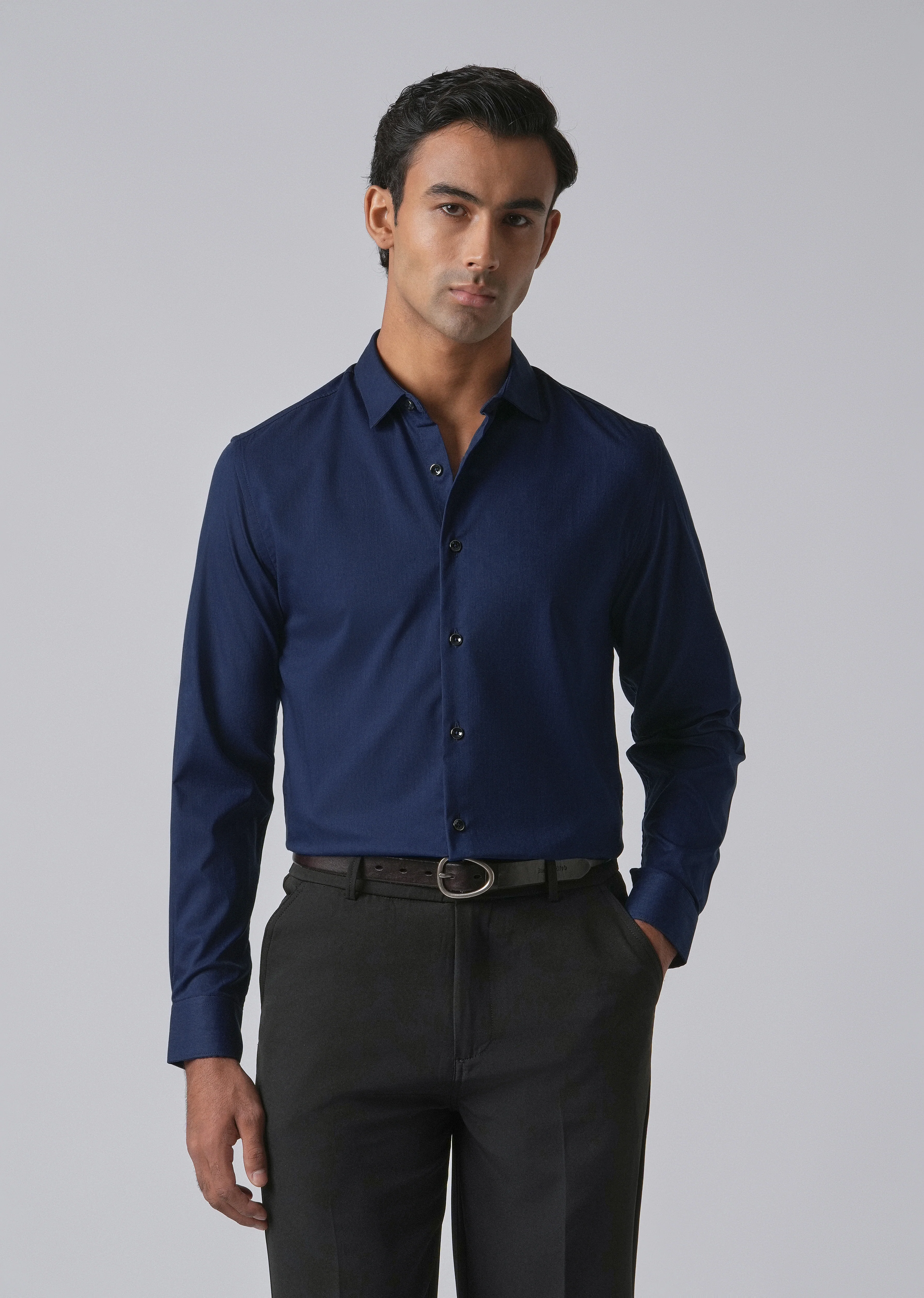 Blue Cotton Stretch Plain Shirt - Image 7