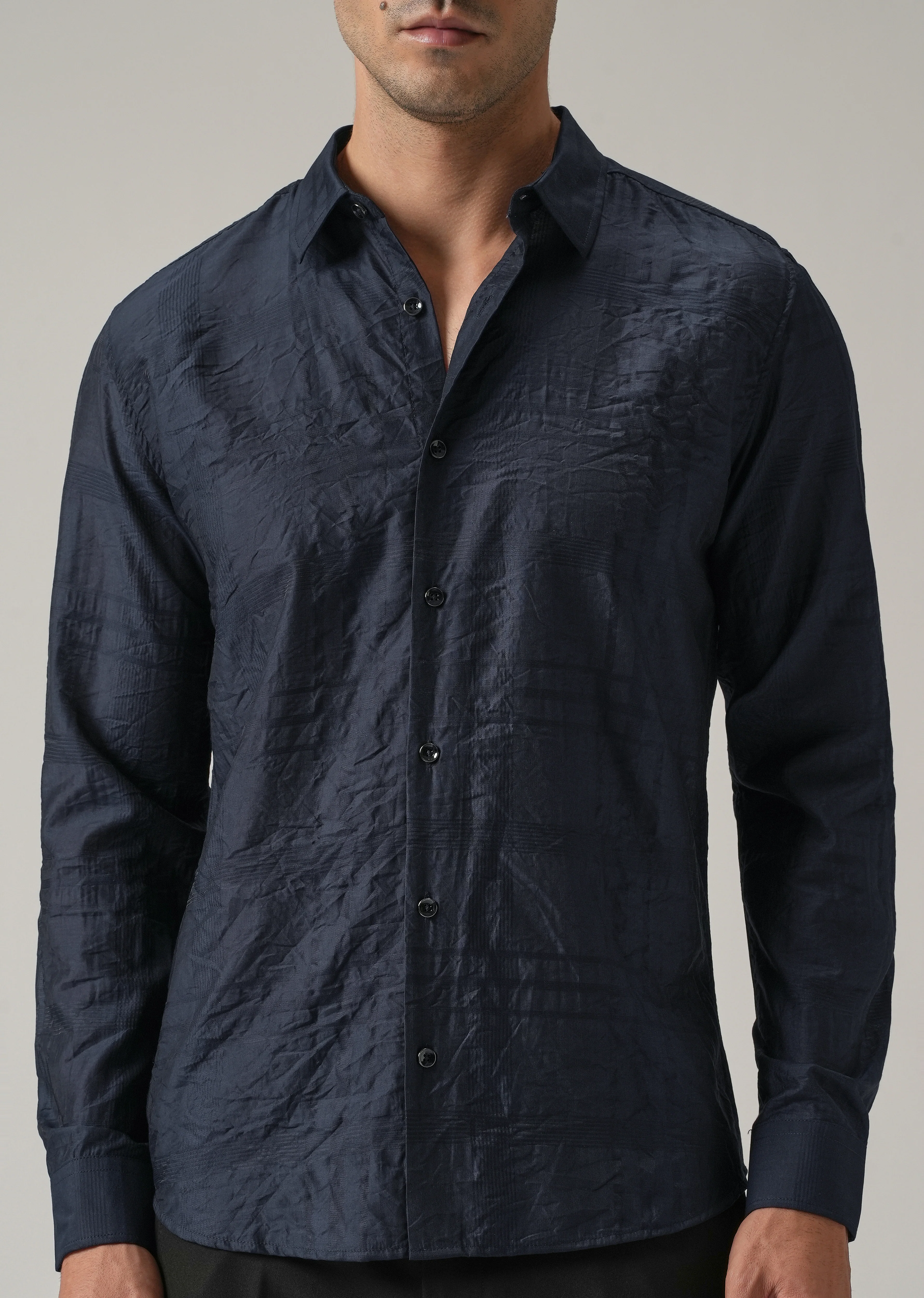 Blue Crinkled Self Stripe Shirt - Image 7