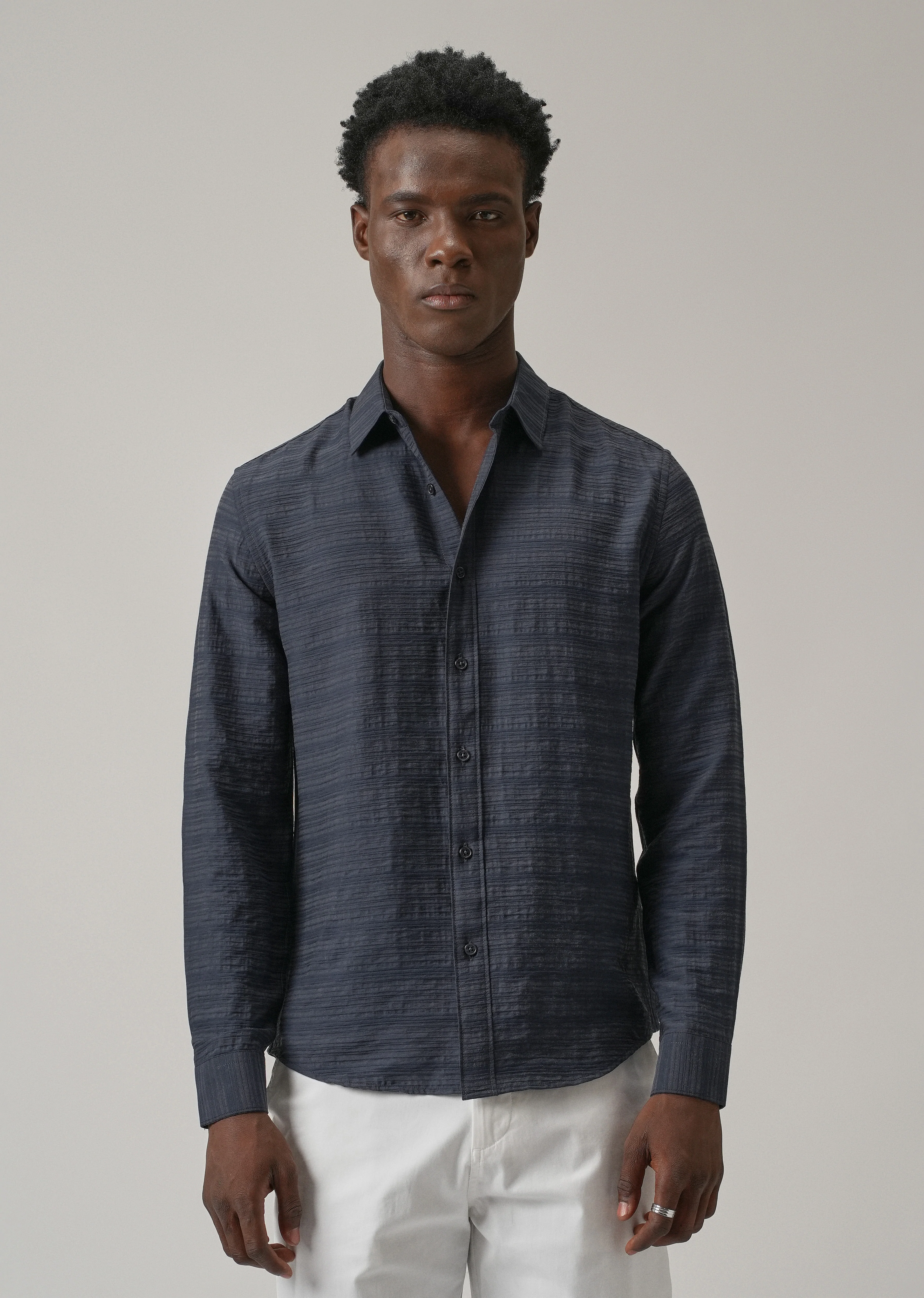 Blue Crushed Self Stripe Shirt - Image 3
