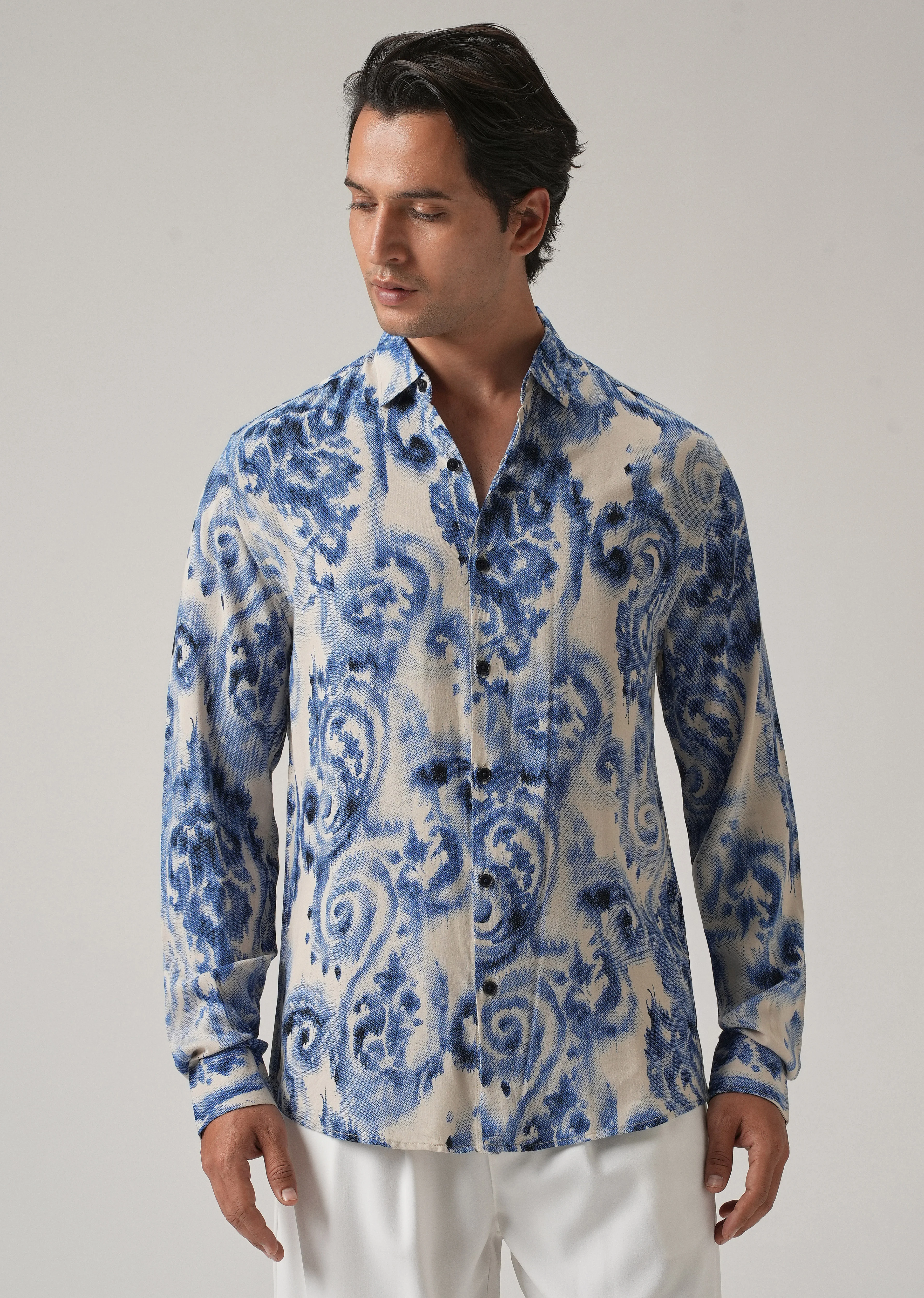 Blue Distort Paisley Print Feather Shirt - Image 3