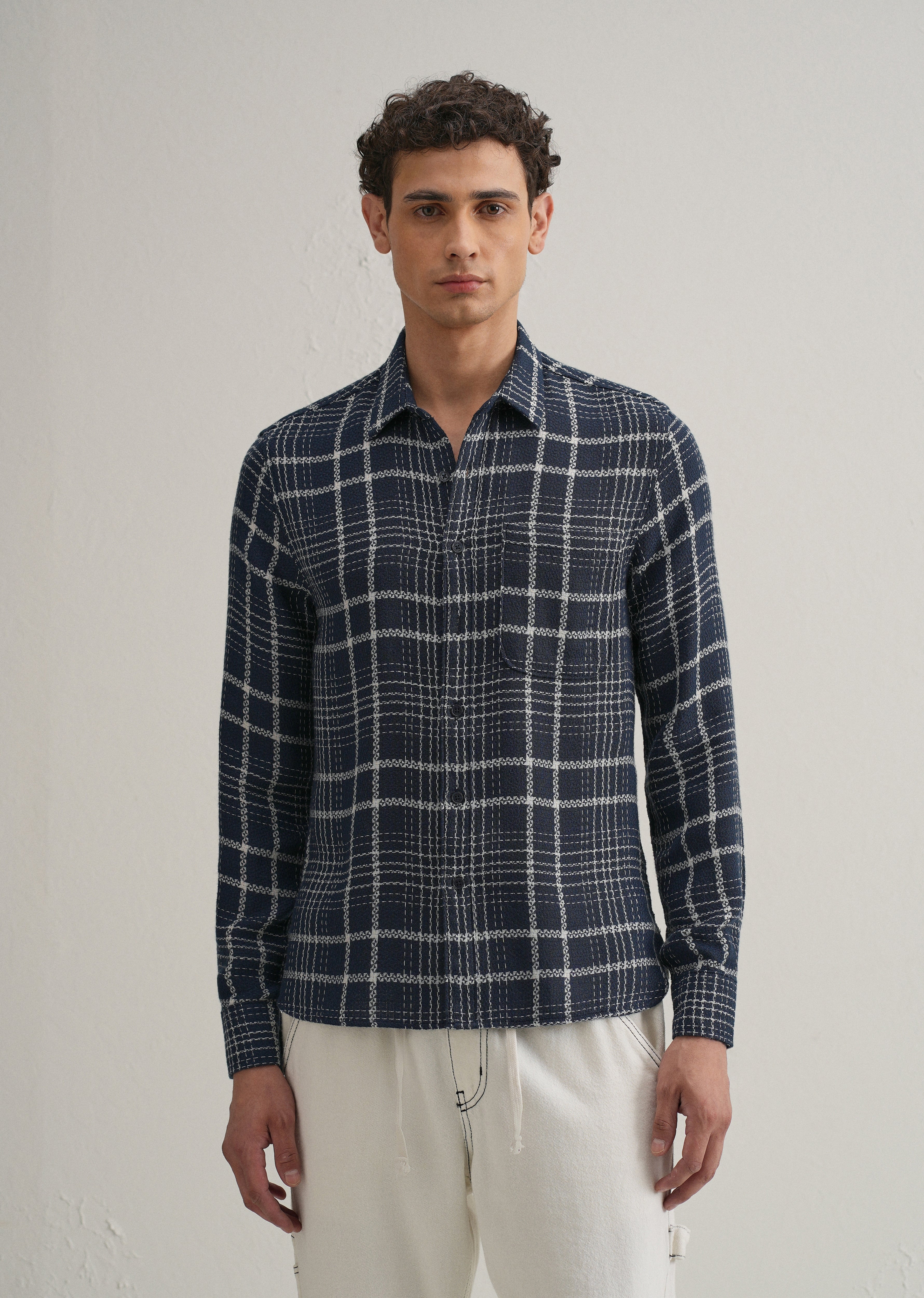 Blue Dobby Check Shirt - Image 4