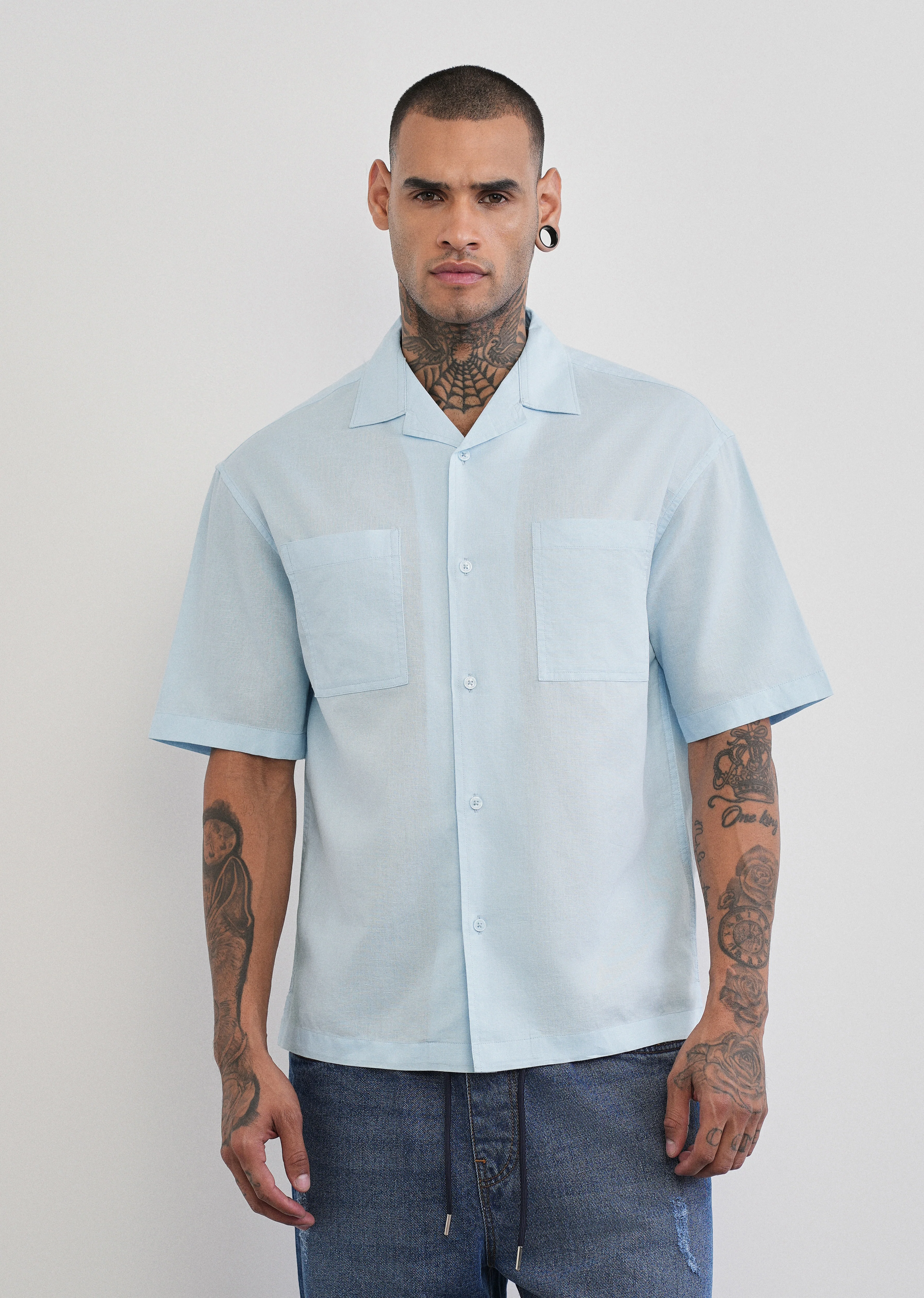 Blue Double Pocket Cotton Linen Shirt - Image 3