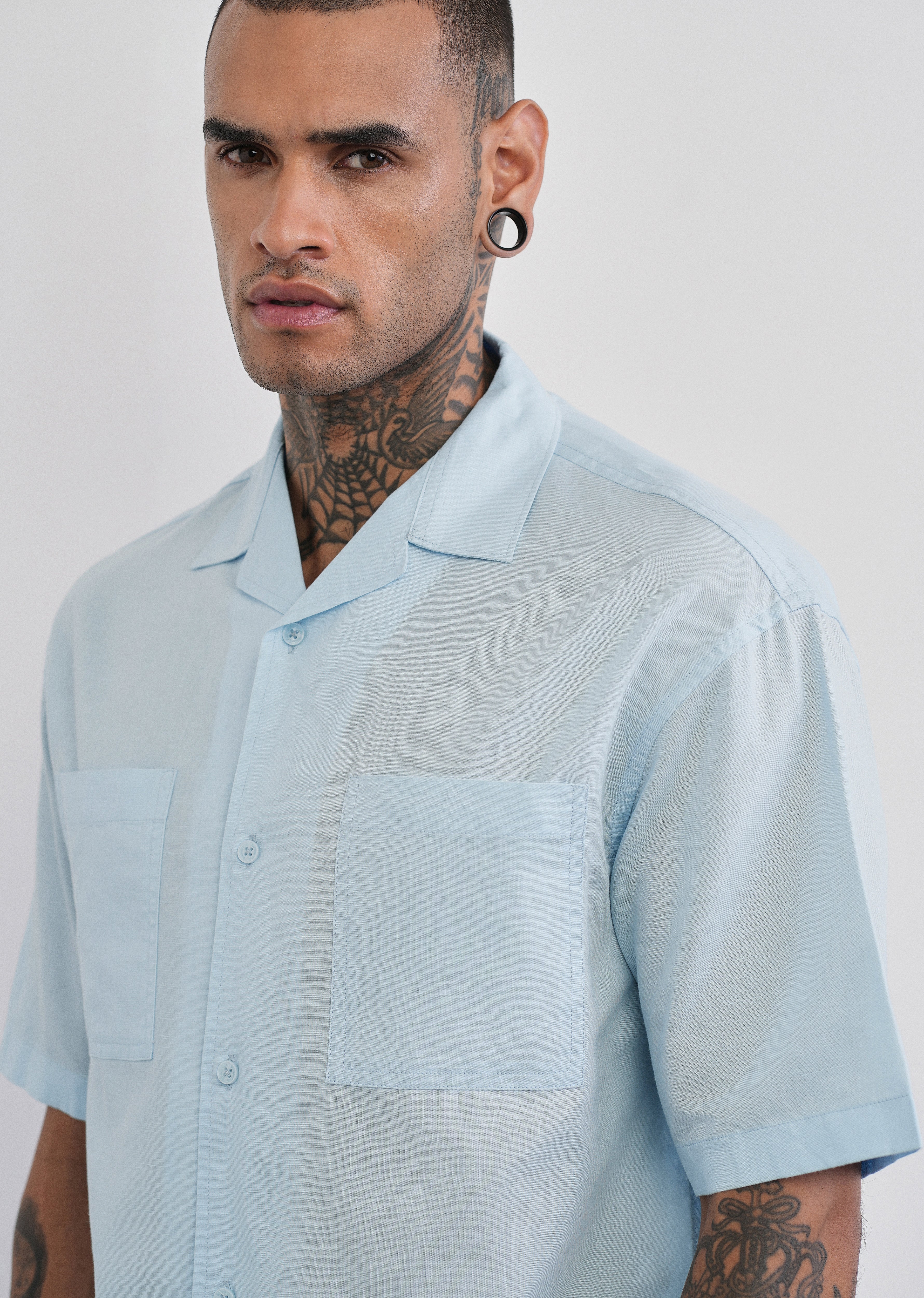 Blue Double Pocket Cotton Linen Shirt - Image 5