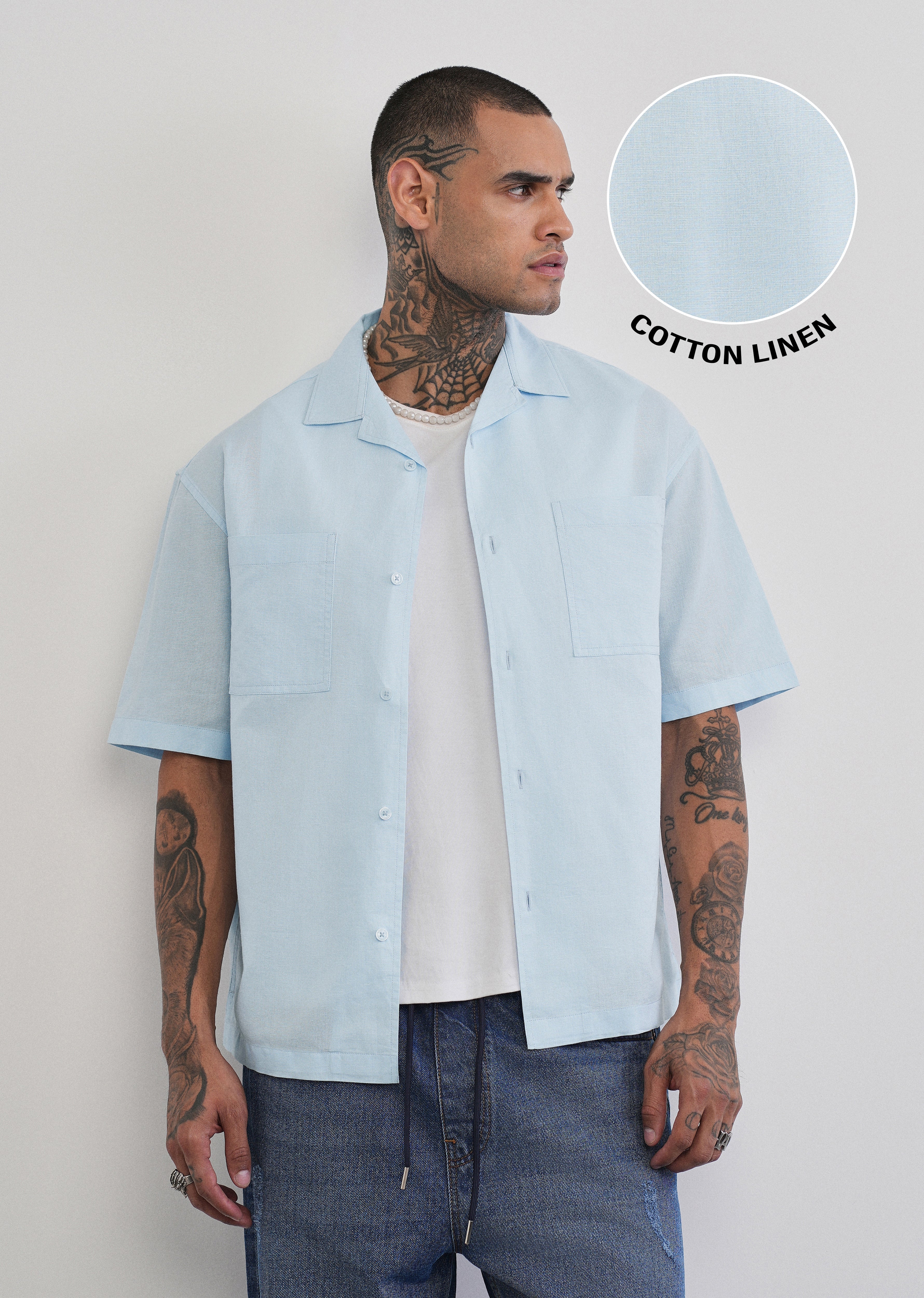 Blue Double Pocket Cotton Linen Shirt - Image 7