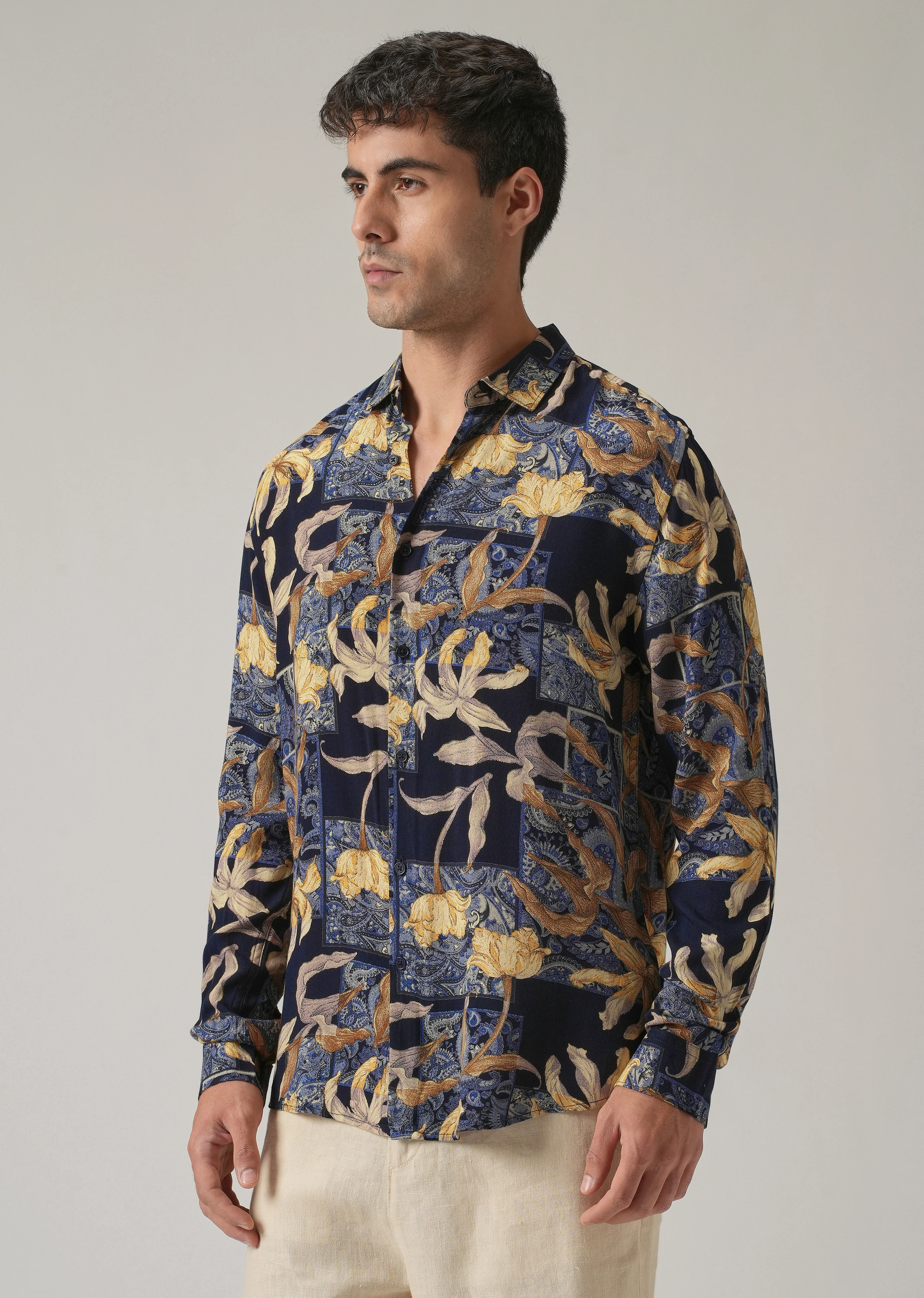 Blue Exotic Lily Print Feather Shirt - Image 4